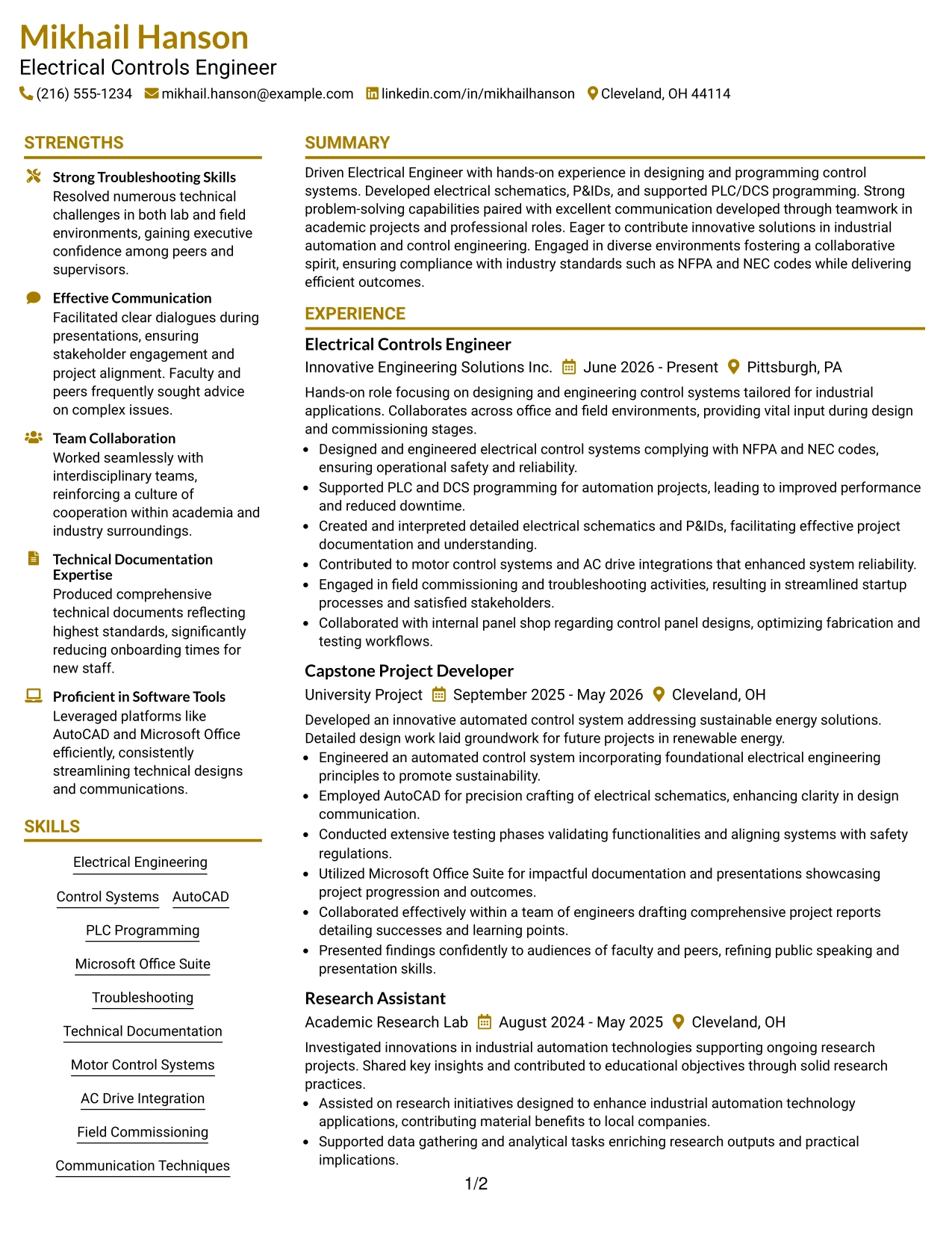 Resume Example Page 1