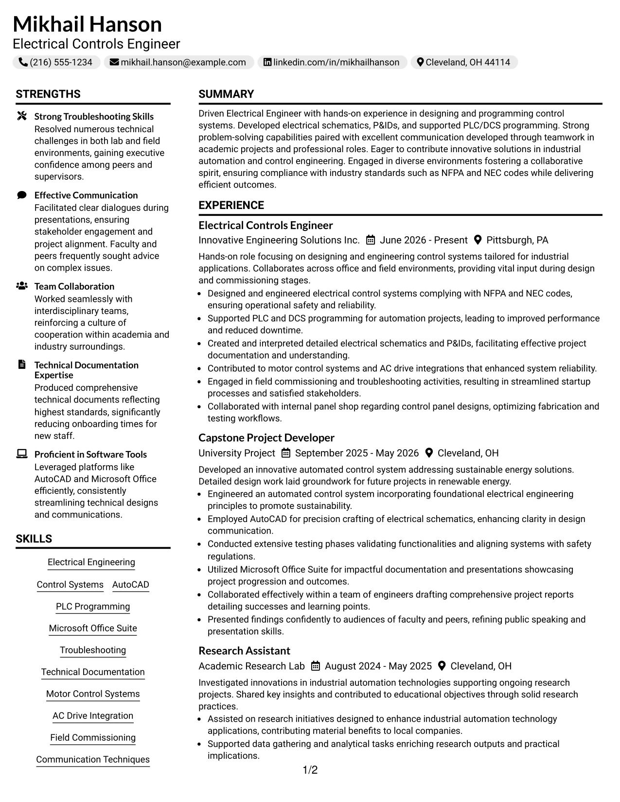 Resume Example Page 1