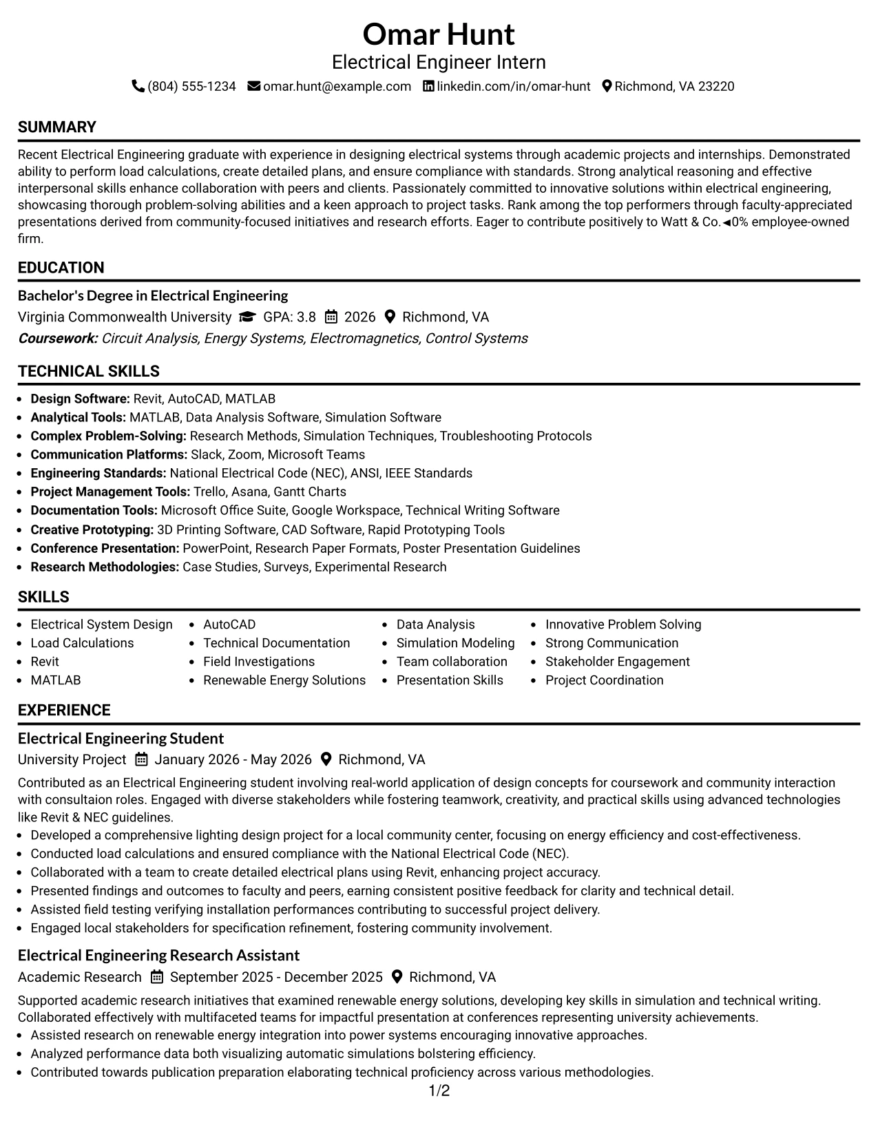 Resume Example Page 1
