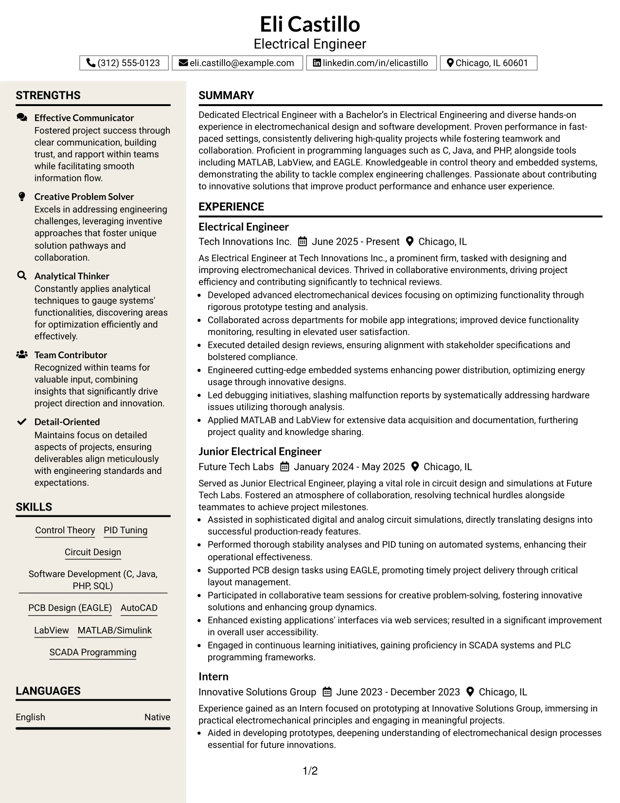 Resume Example Page 1