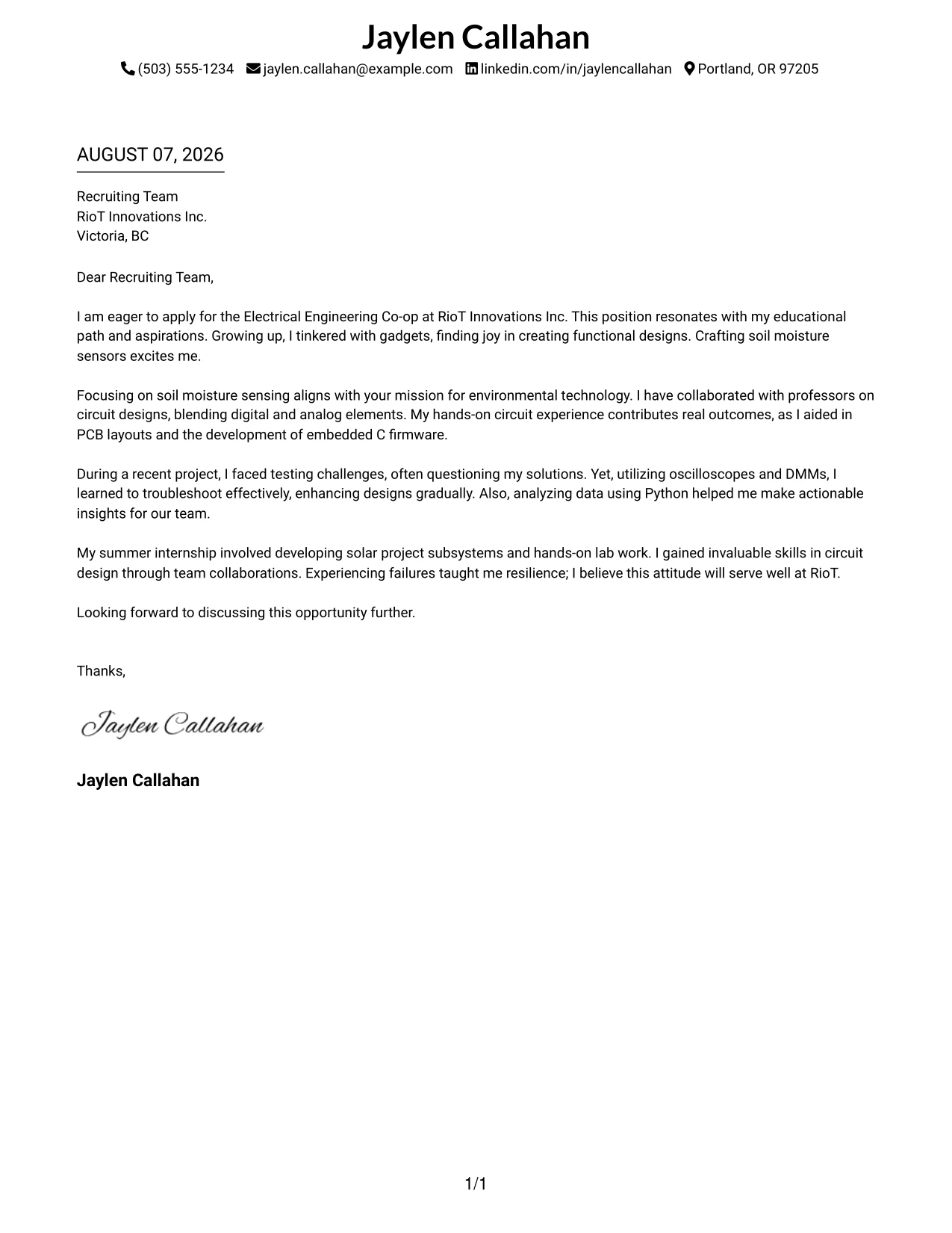 Resume Example Page 1