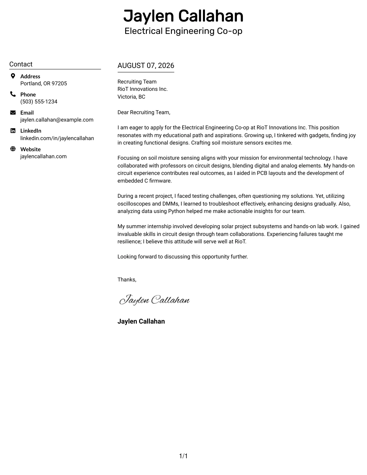 Resume Example Page 1