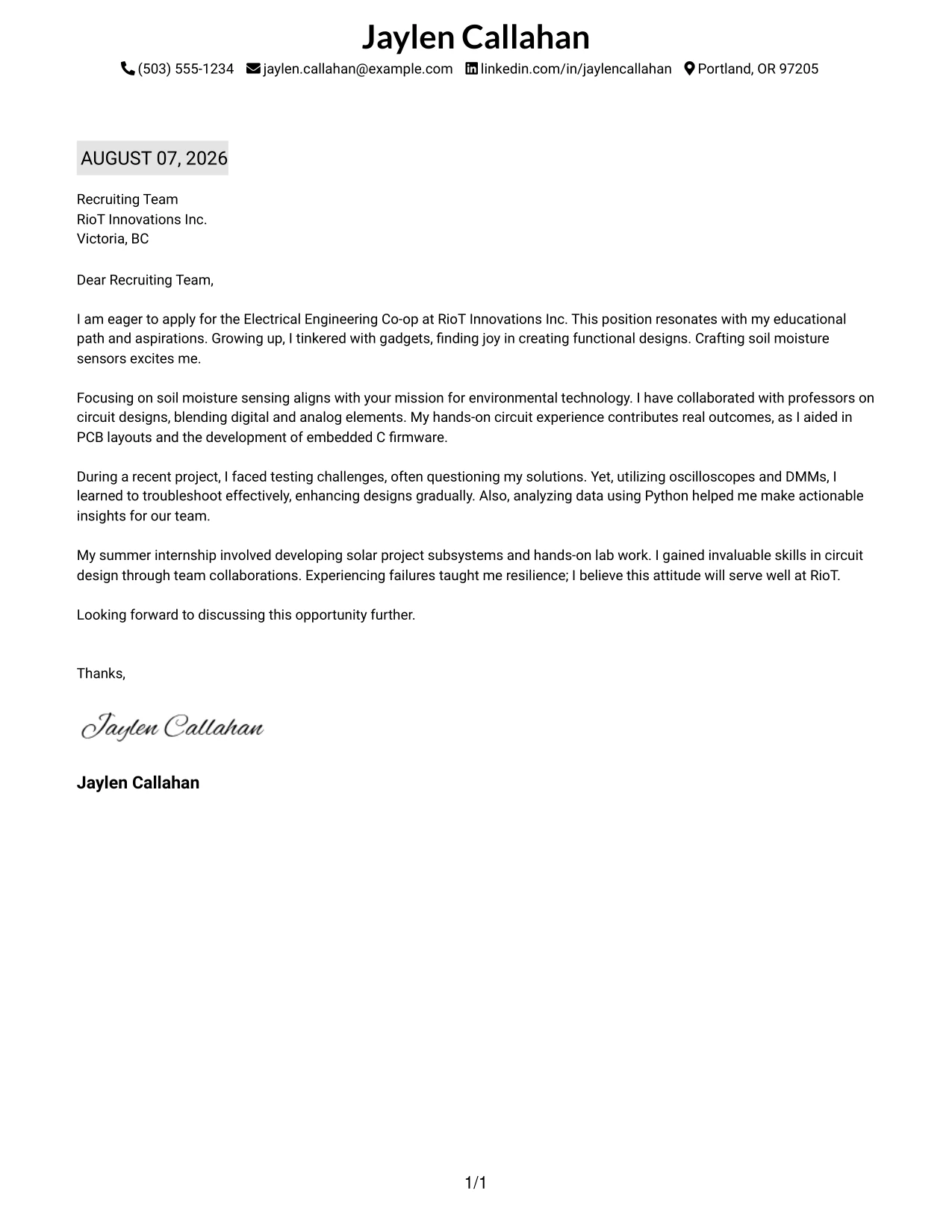 Resume Example Page 1
