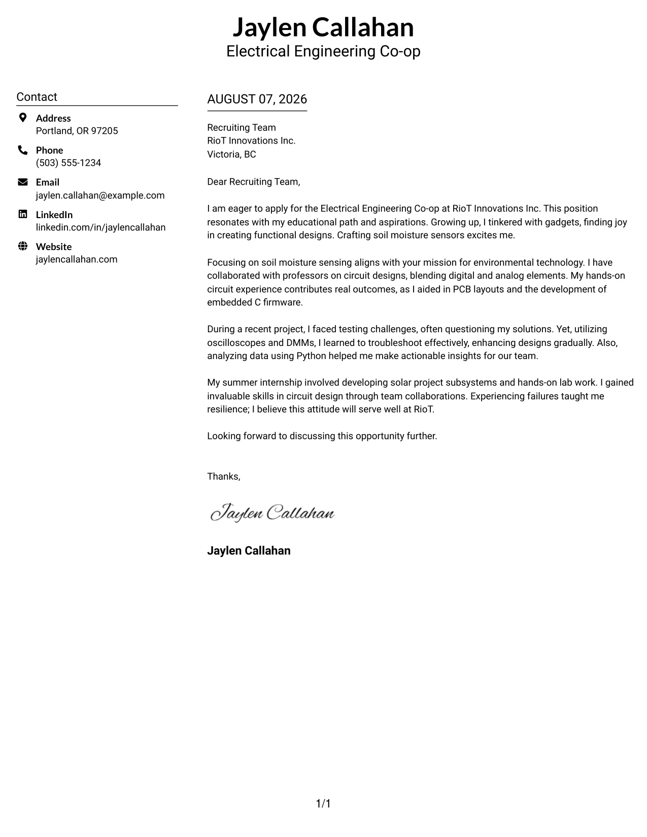 Resume Example Page 1