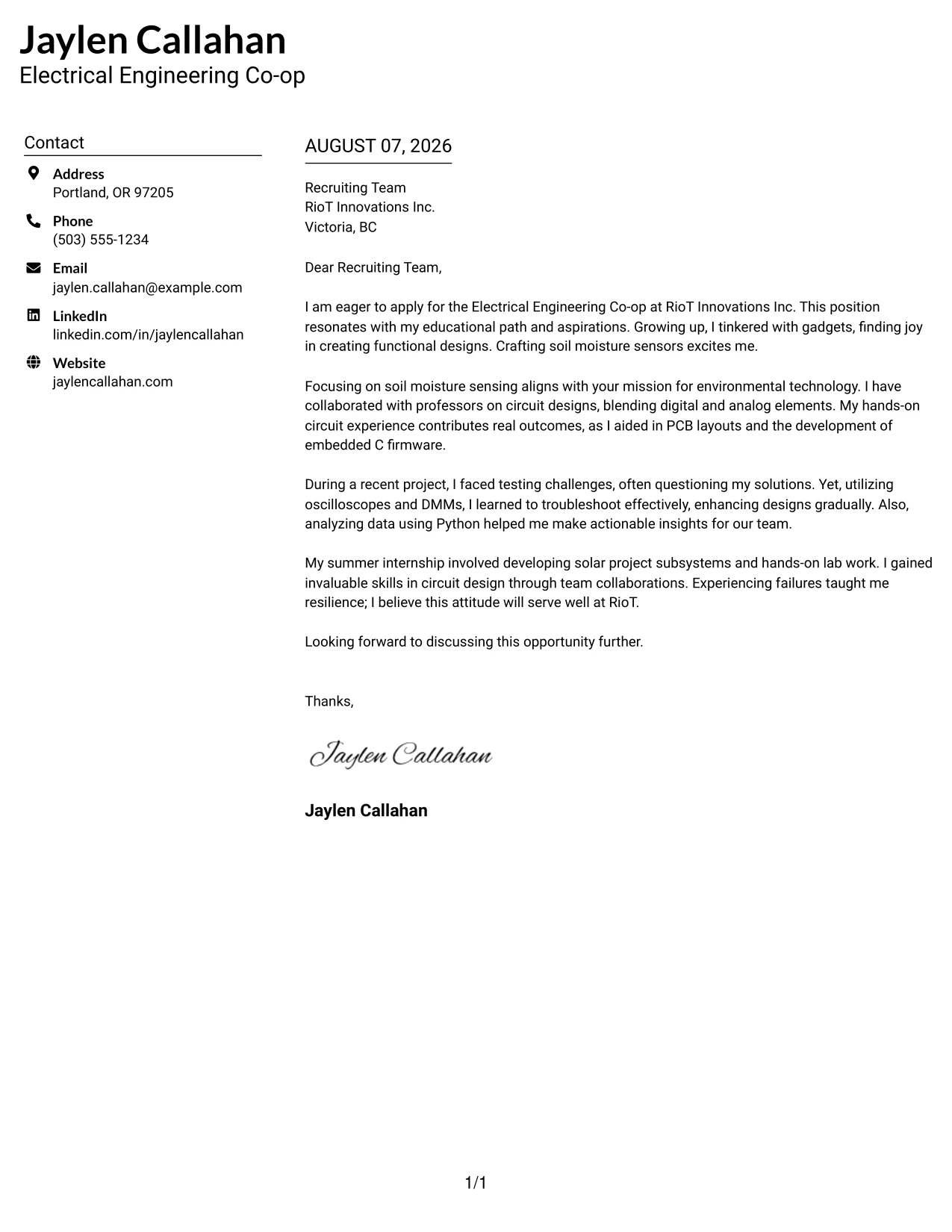 Resume Example Page 1