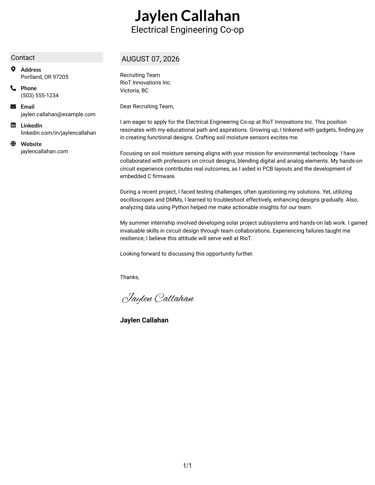 Resume Example Page 1