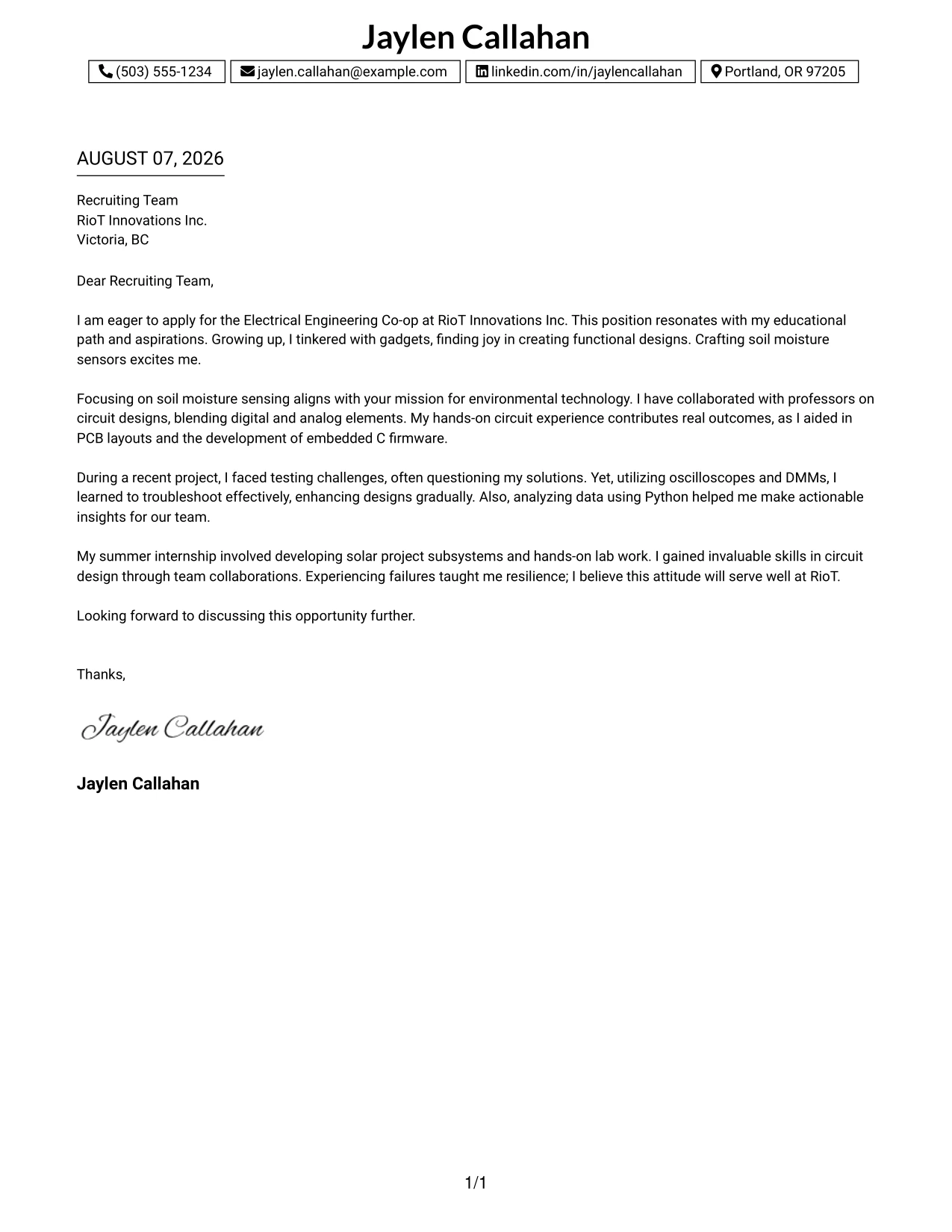 Resume Example Page 1