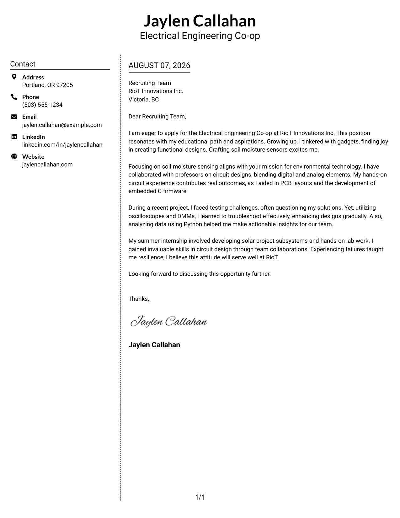 Resume Example Page 1