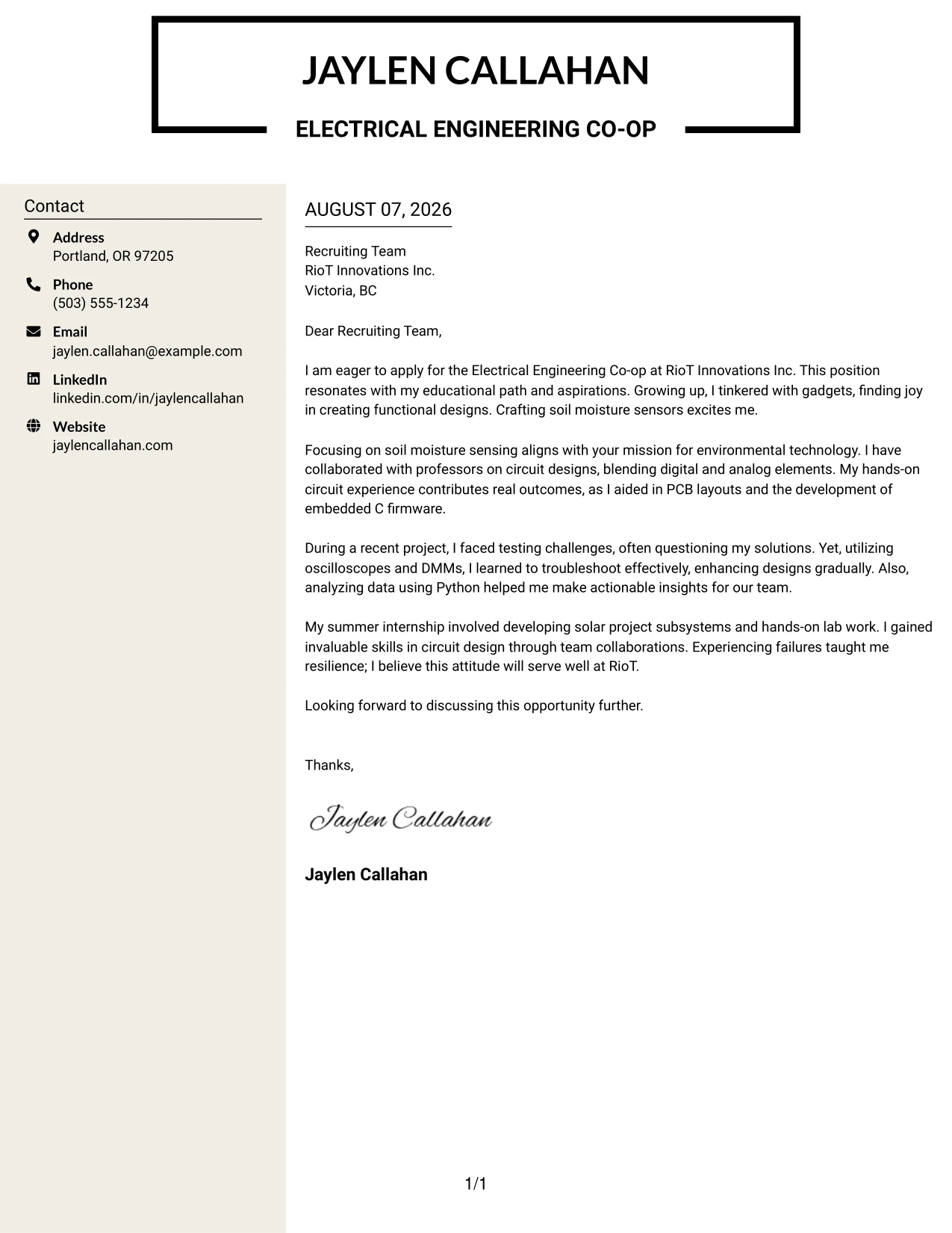 Resume Example Page 1