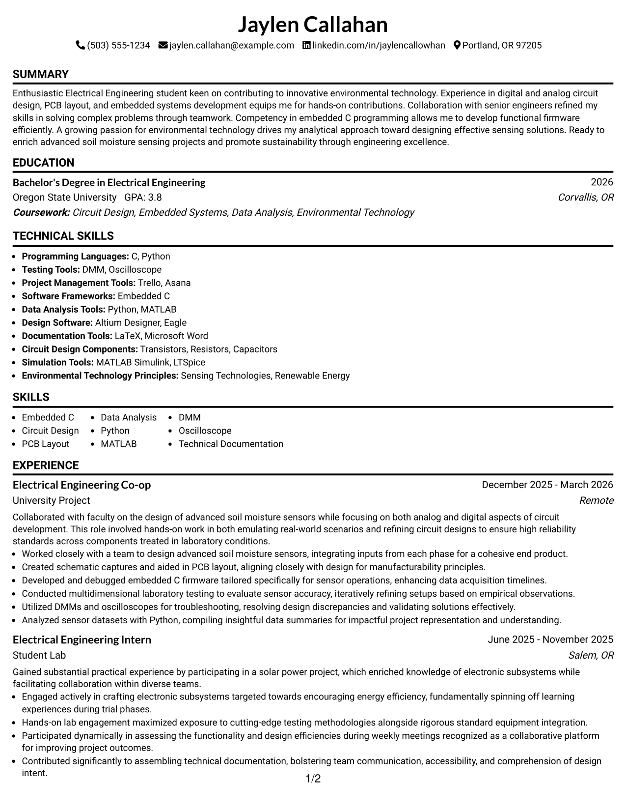 Resume Example Page 1