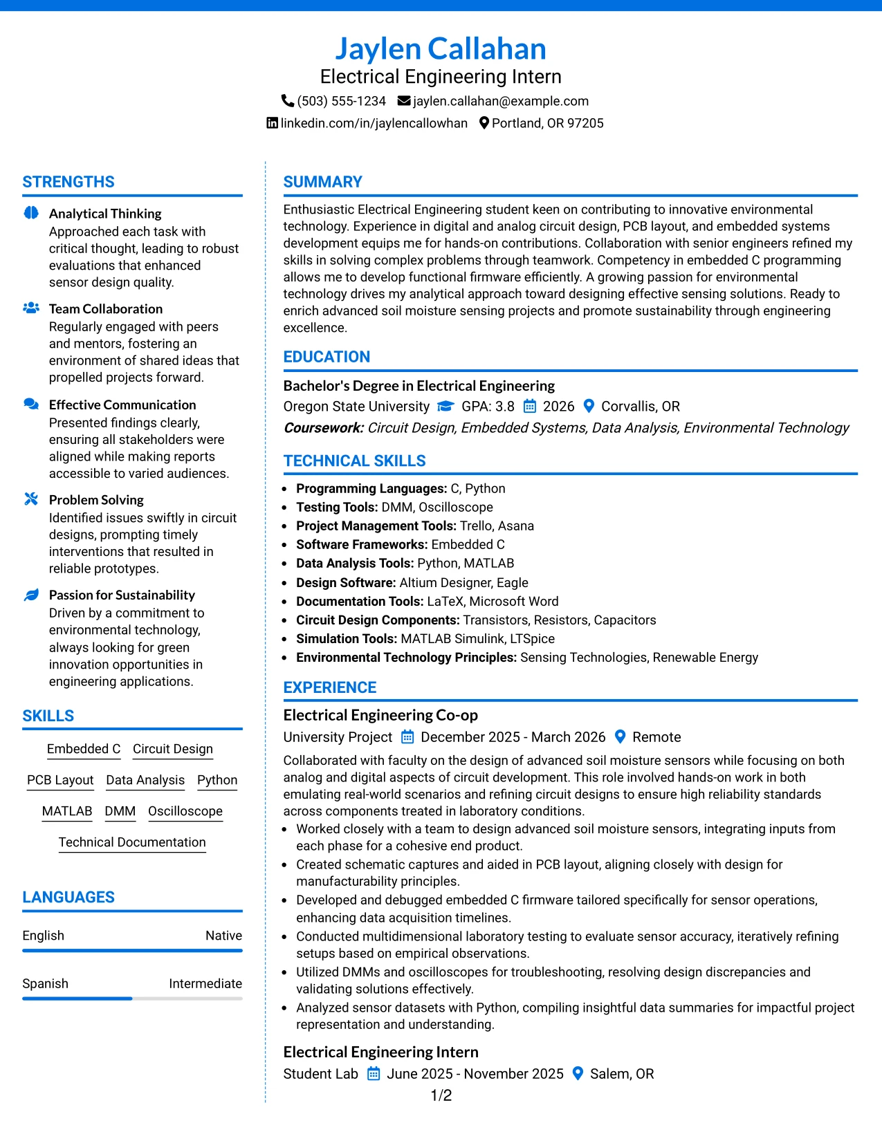 Resume Example Page 1
