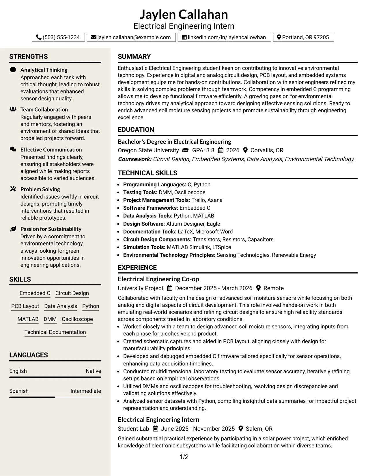 Resume Example Page 1