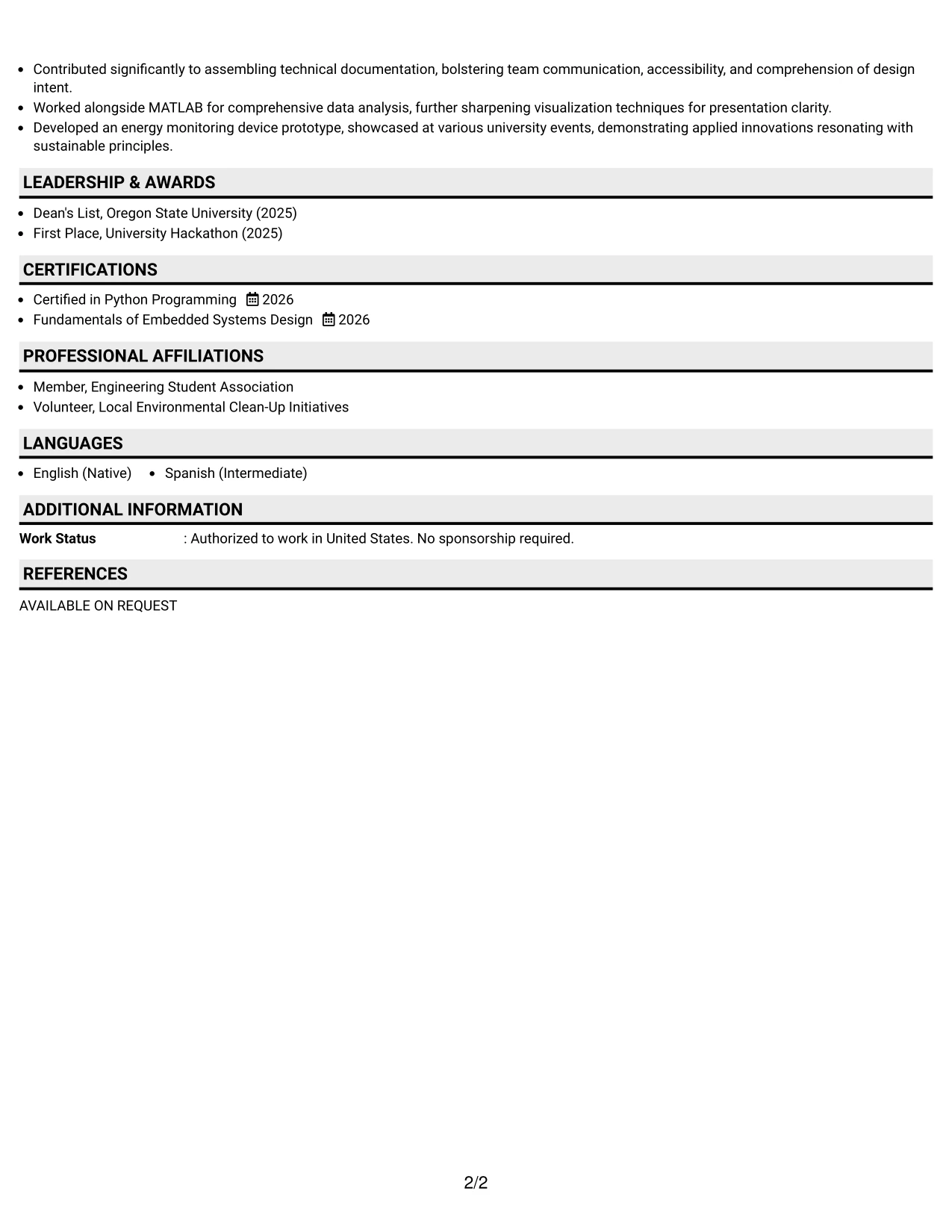 Resume Example Page 2