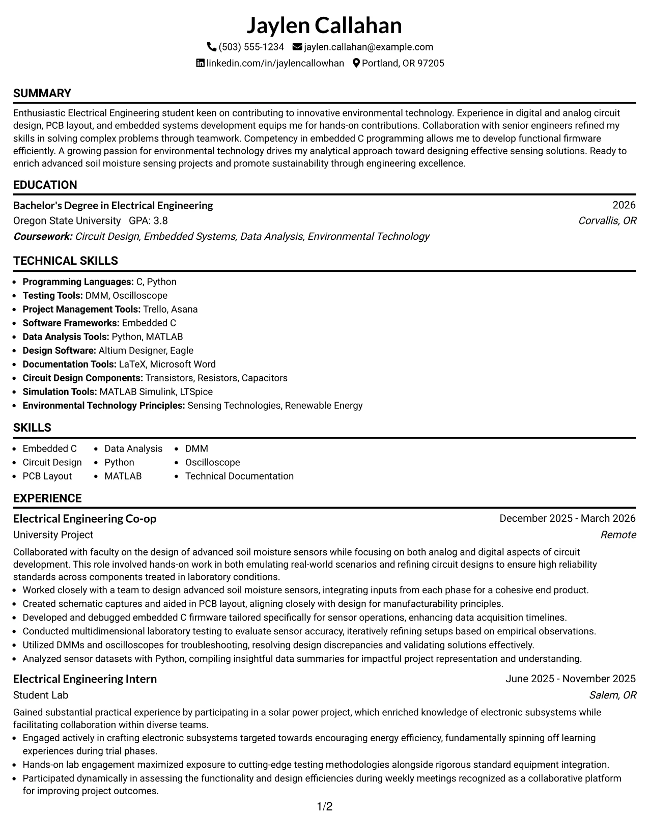 Resume Example Page 1