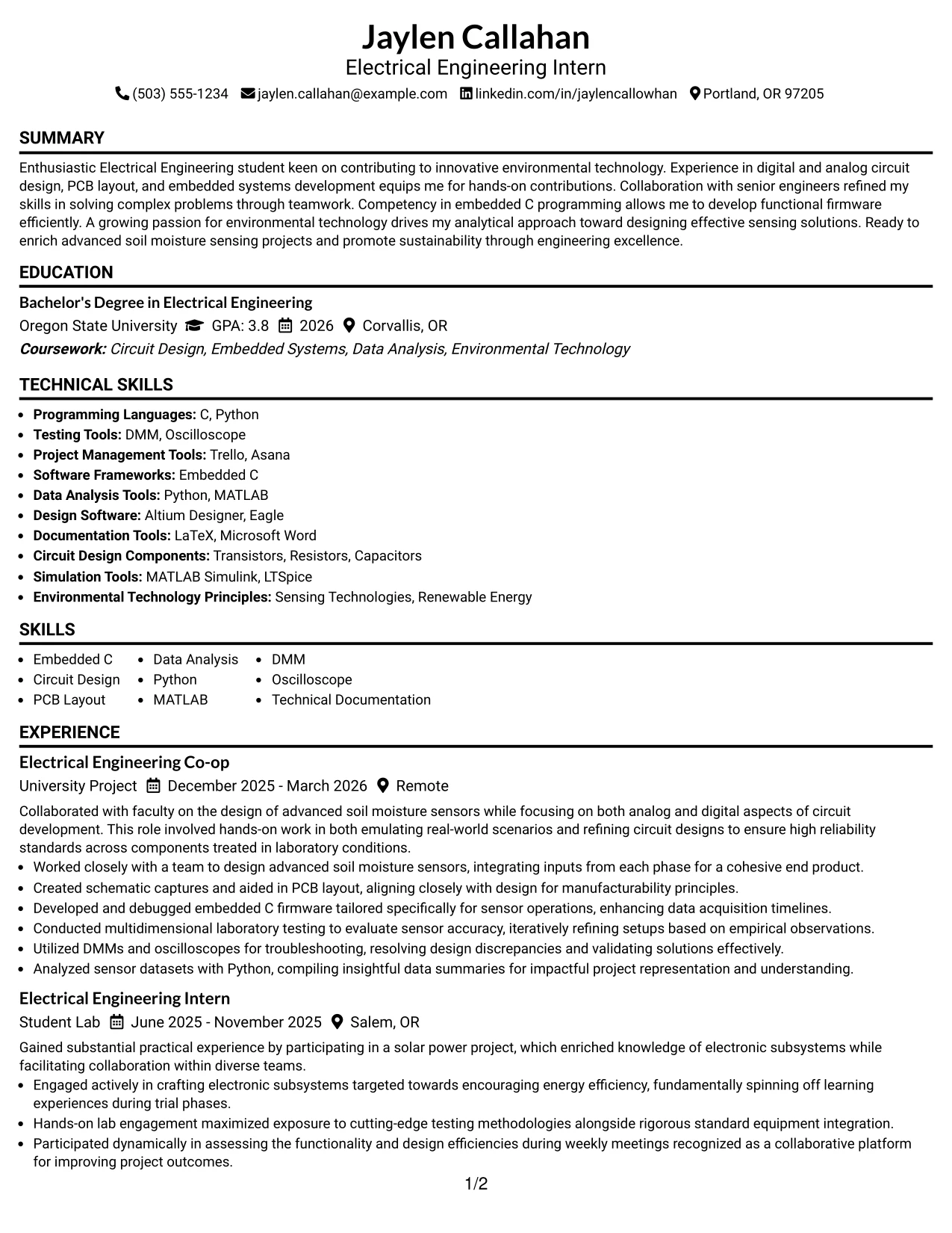 Resume Example Page 1