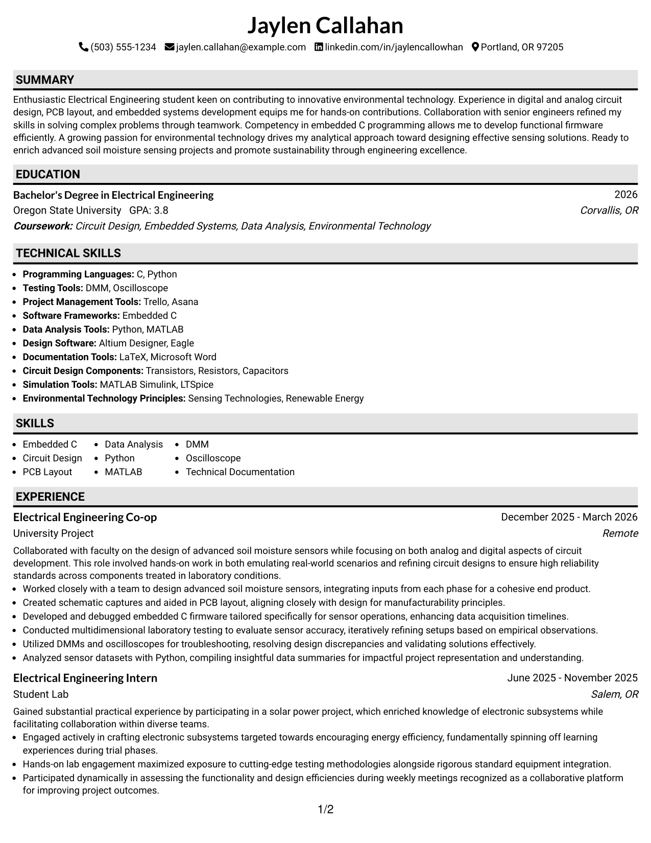 Resume Example Page 1