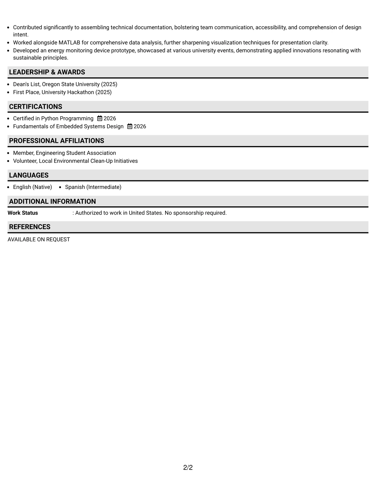 Resume Example Page 2