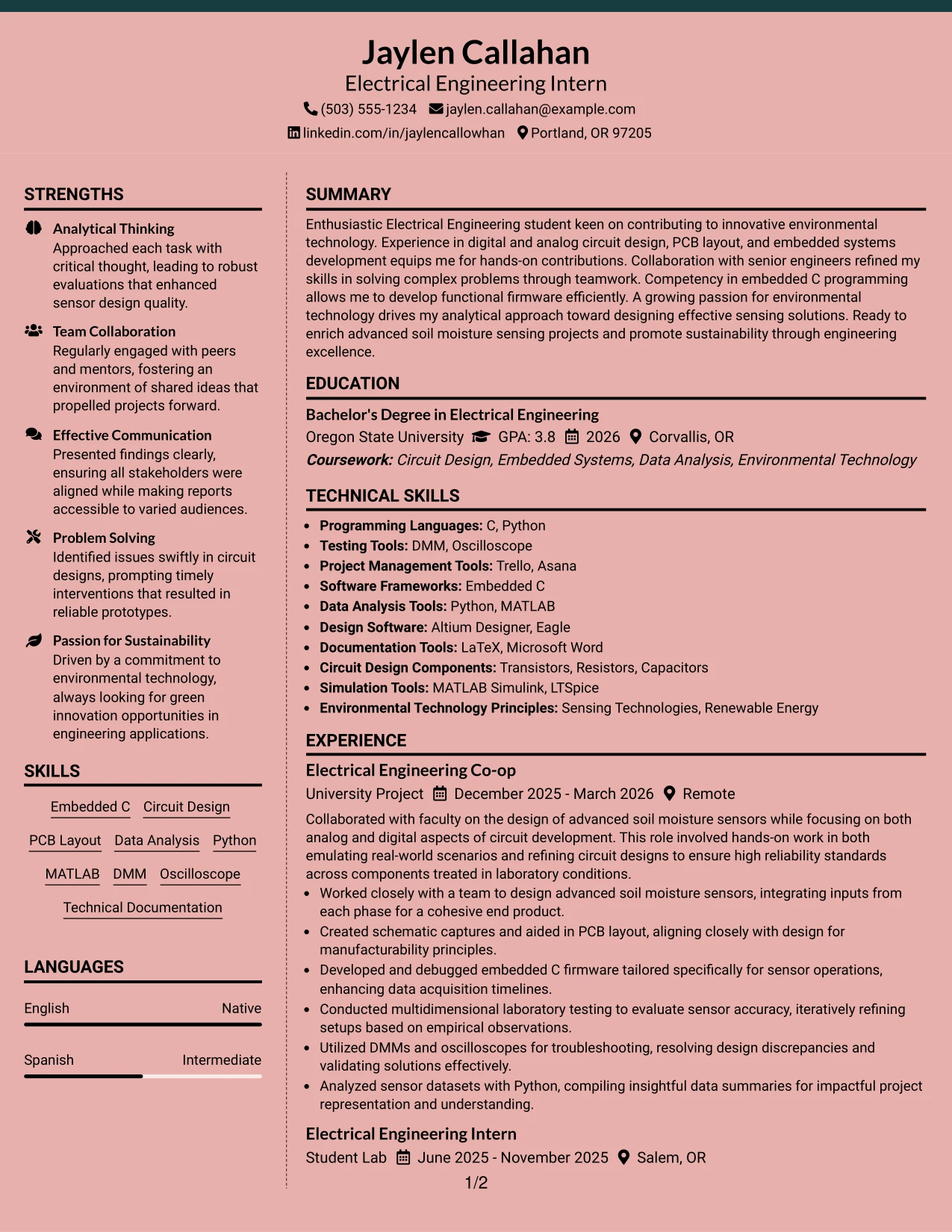 Resume Example Page 1