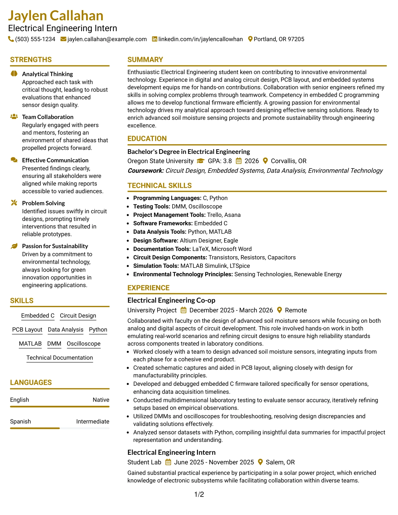 Resume Example Page 1