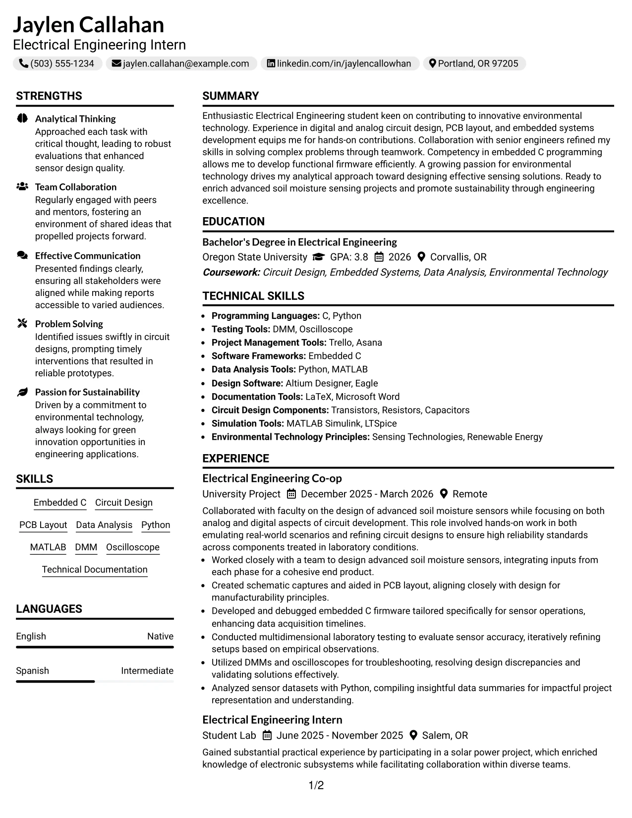 Resume Example Page 1