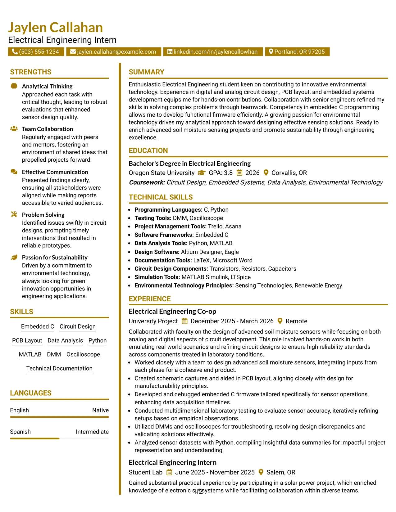Resume Example Page 1