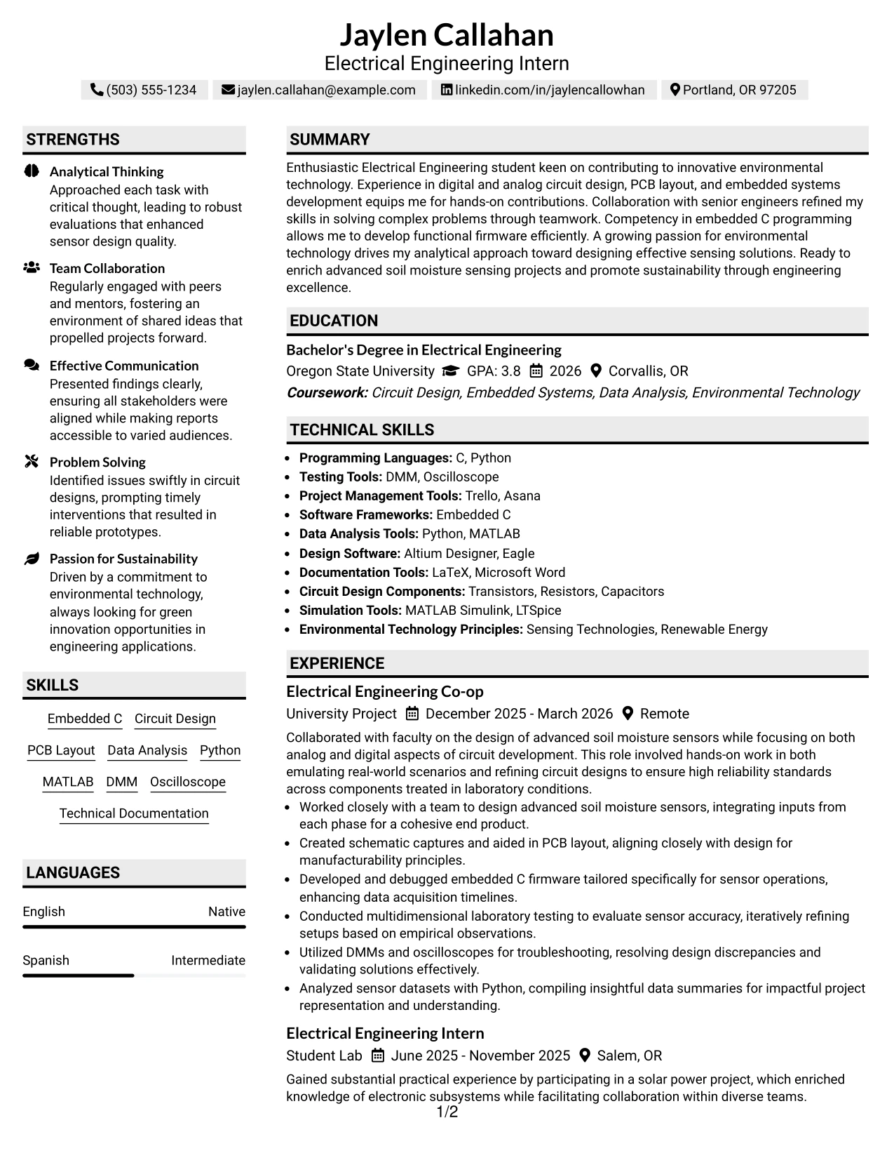 Resume Example Page 1