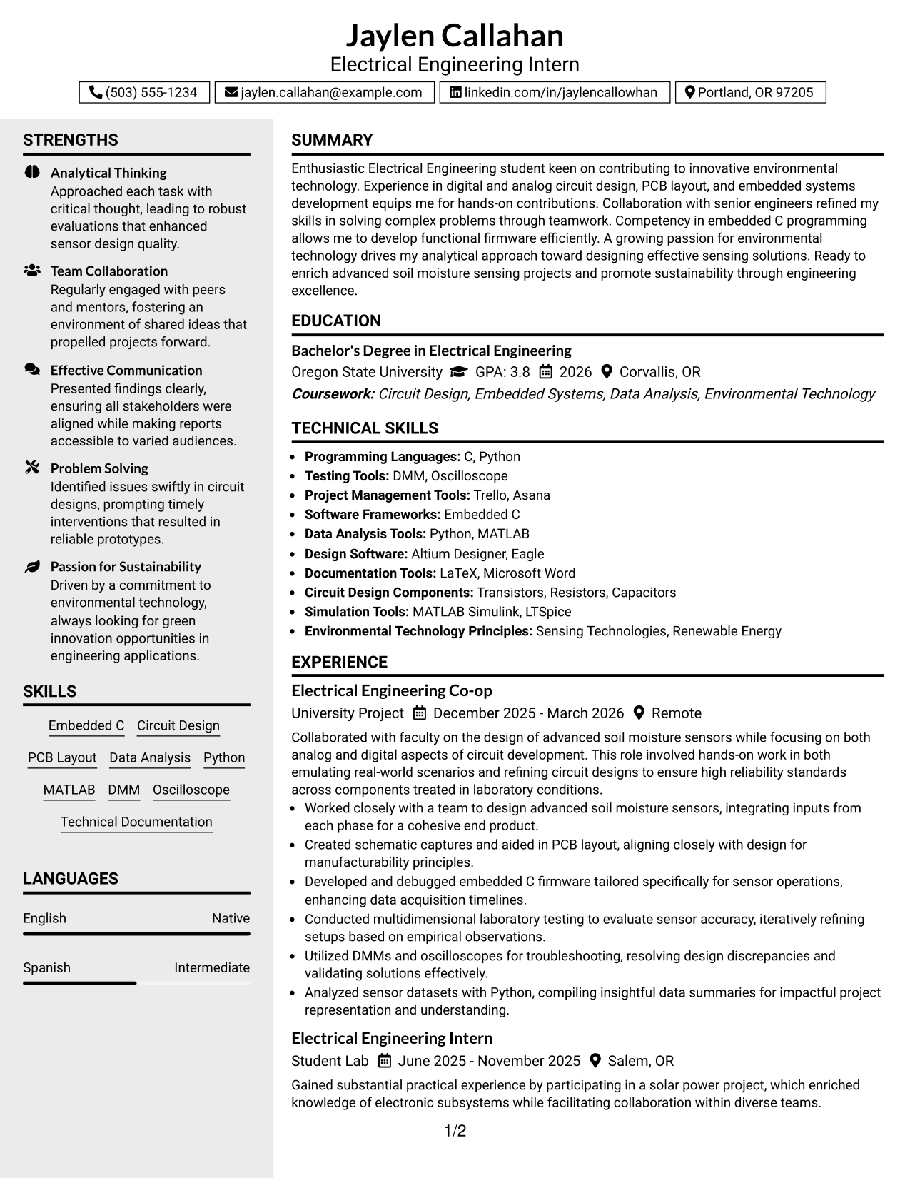Resume Example Page 1
