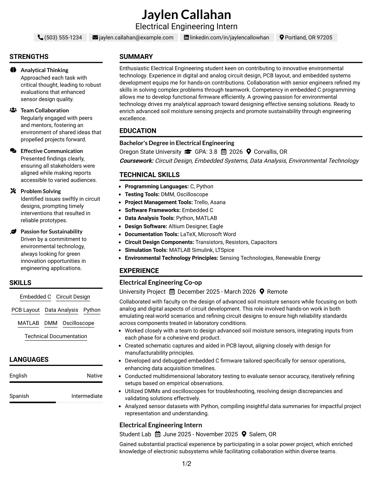 Resume Example Page 1