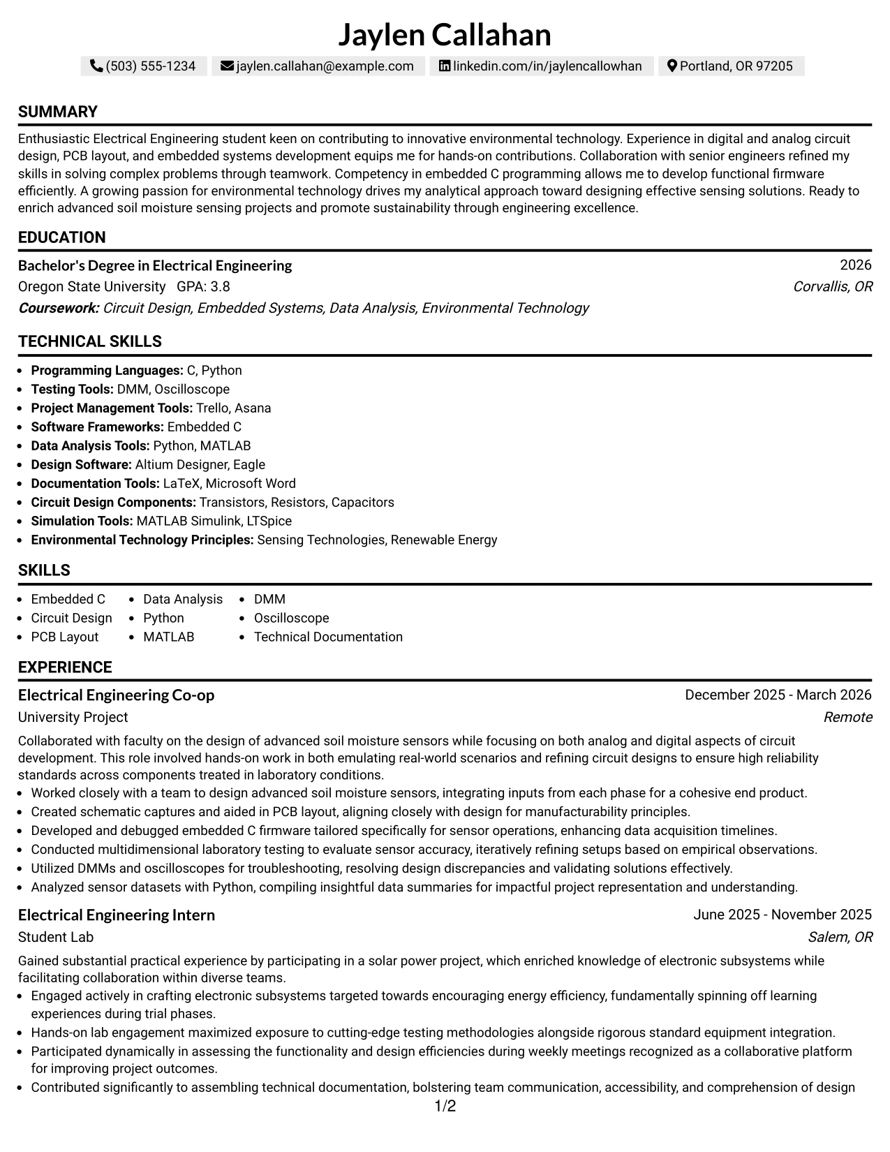 Resume Example Page 1