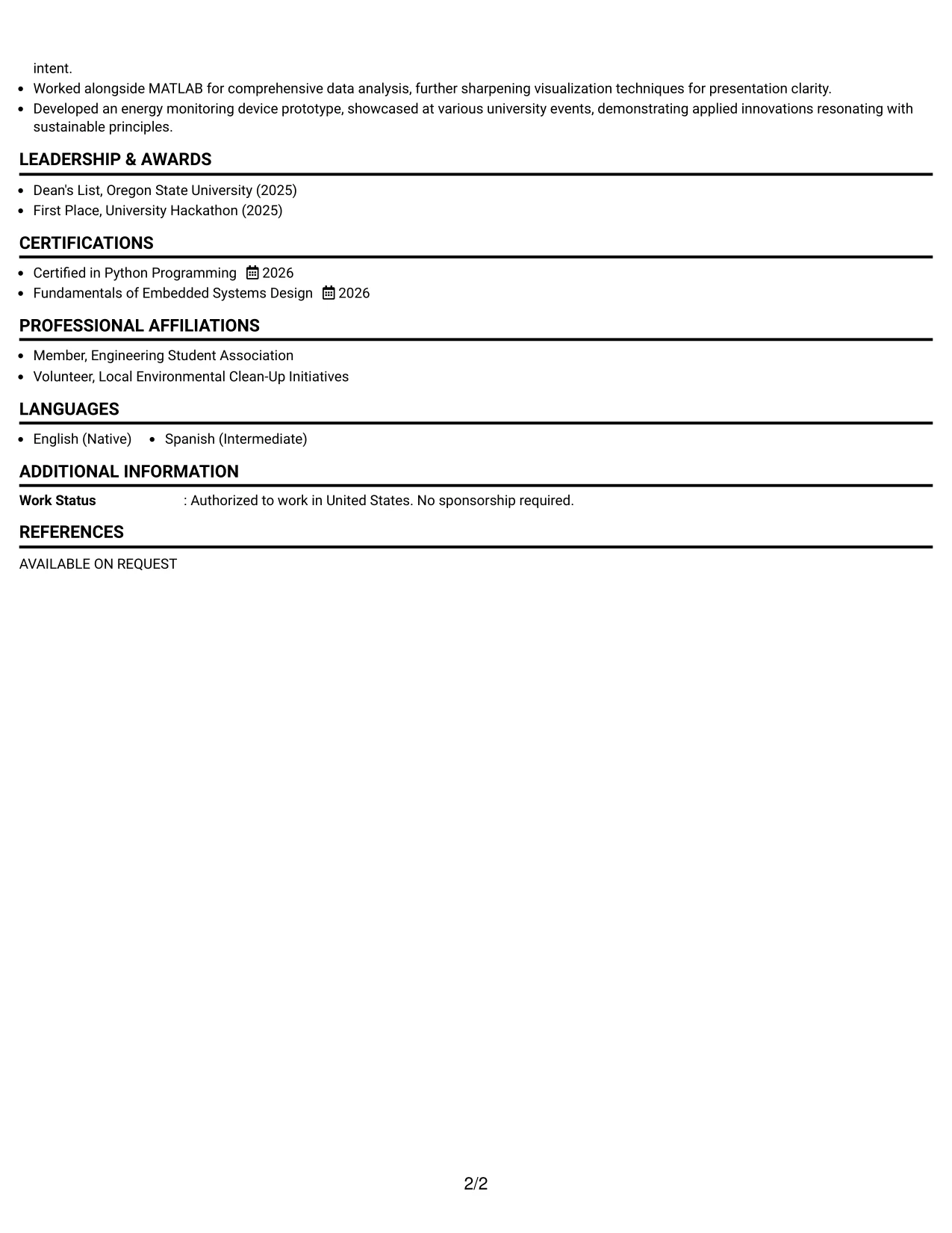 Resume Example Page 2