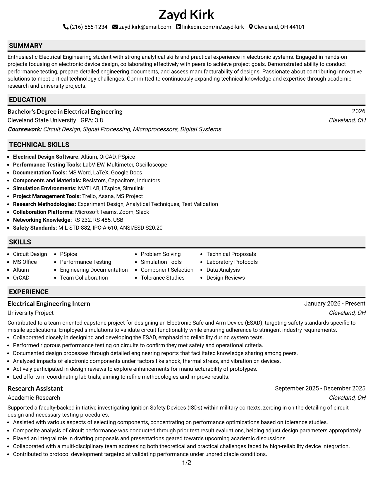Resume Example Page 1