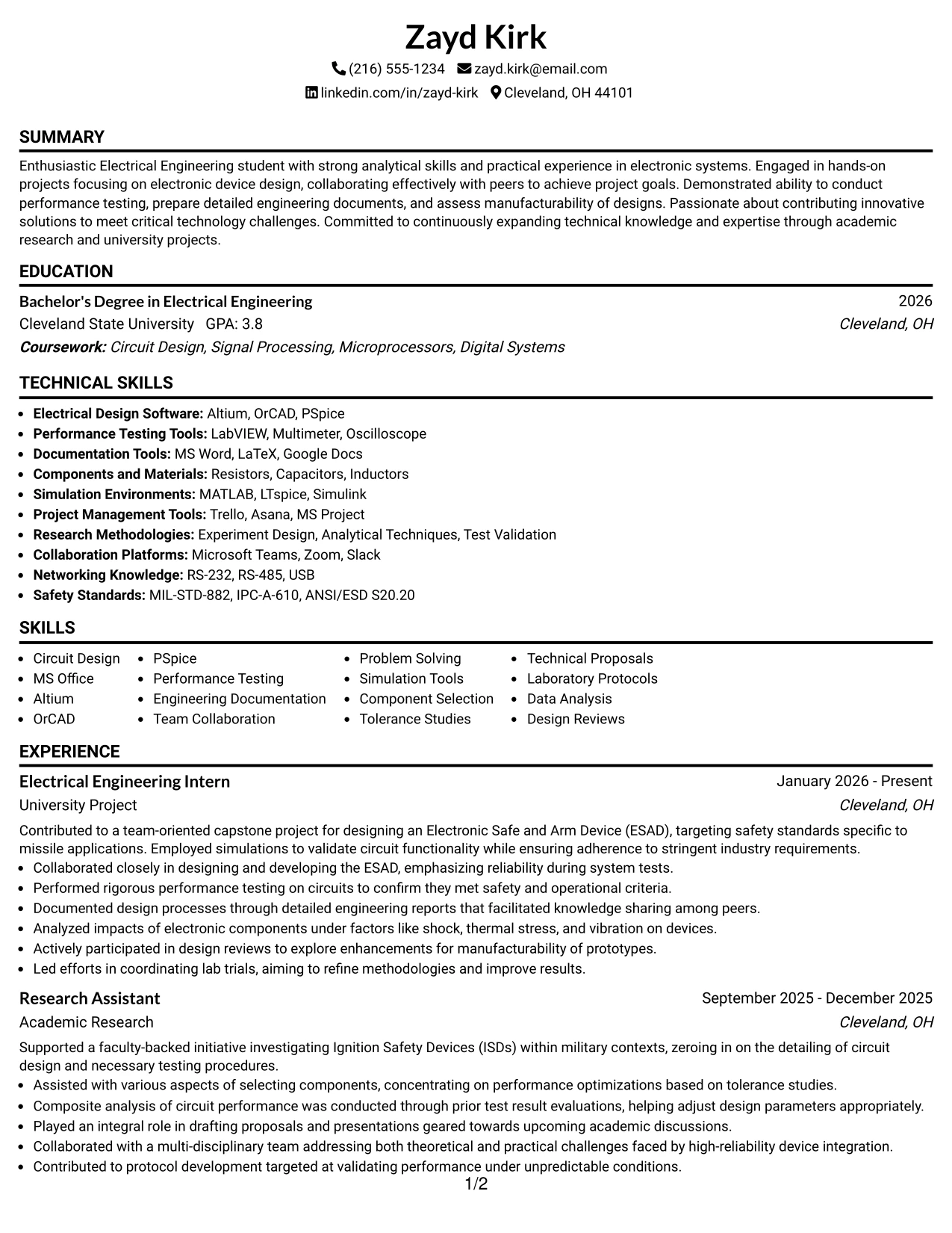 Resume Example Page 1