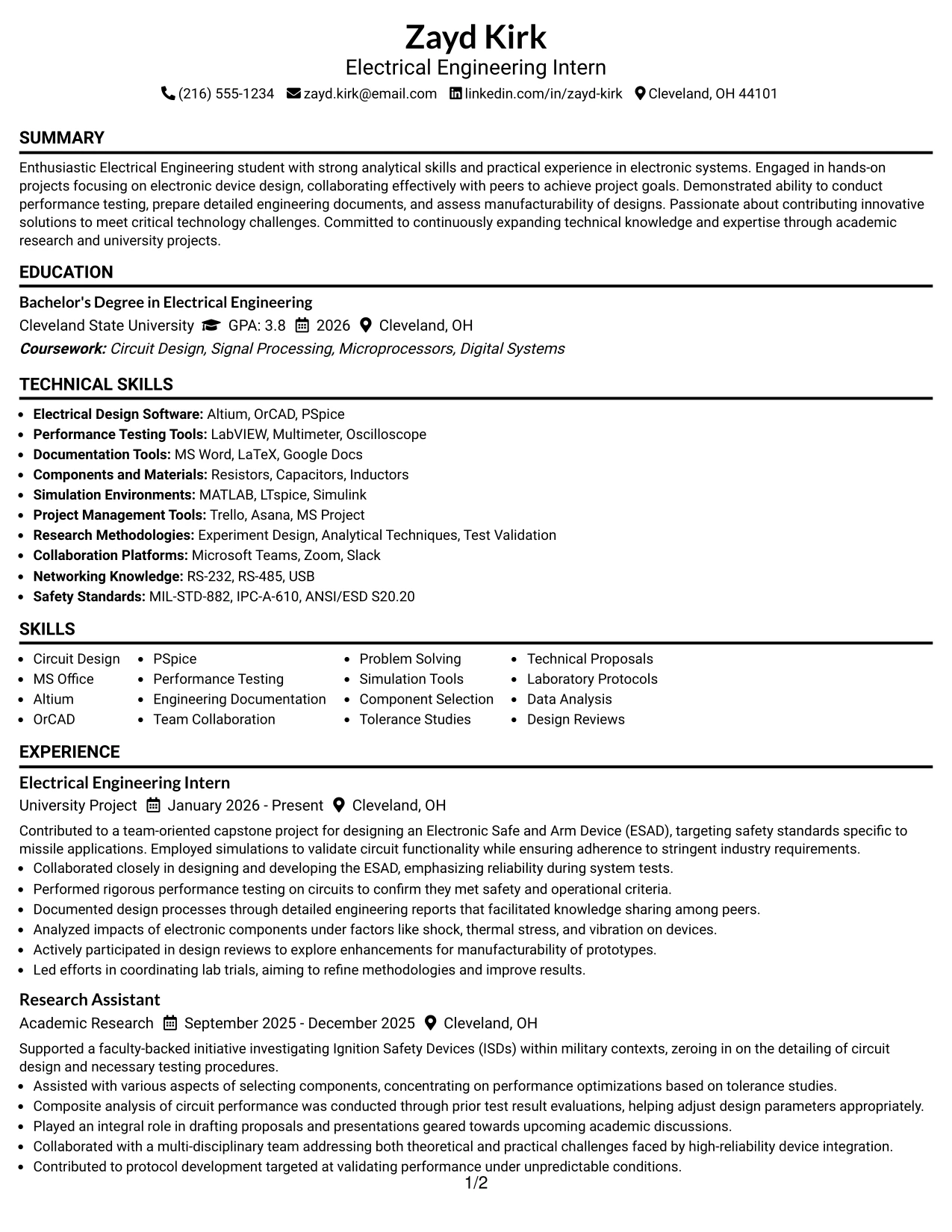 Resume Example Page 1