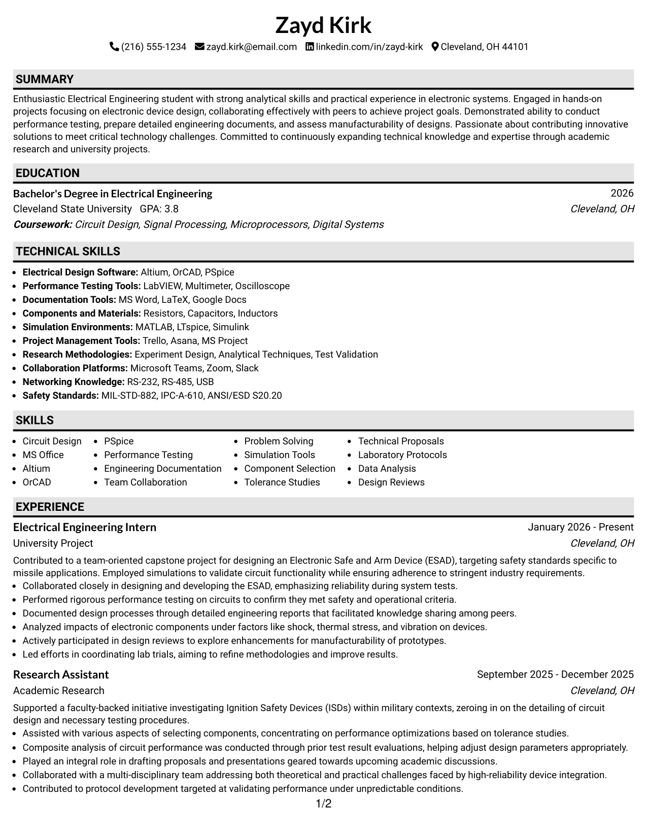Resume Example Page 1