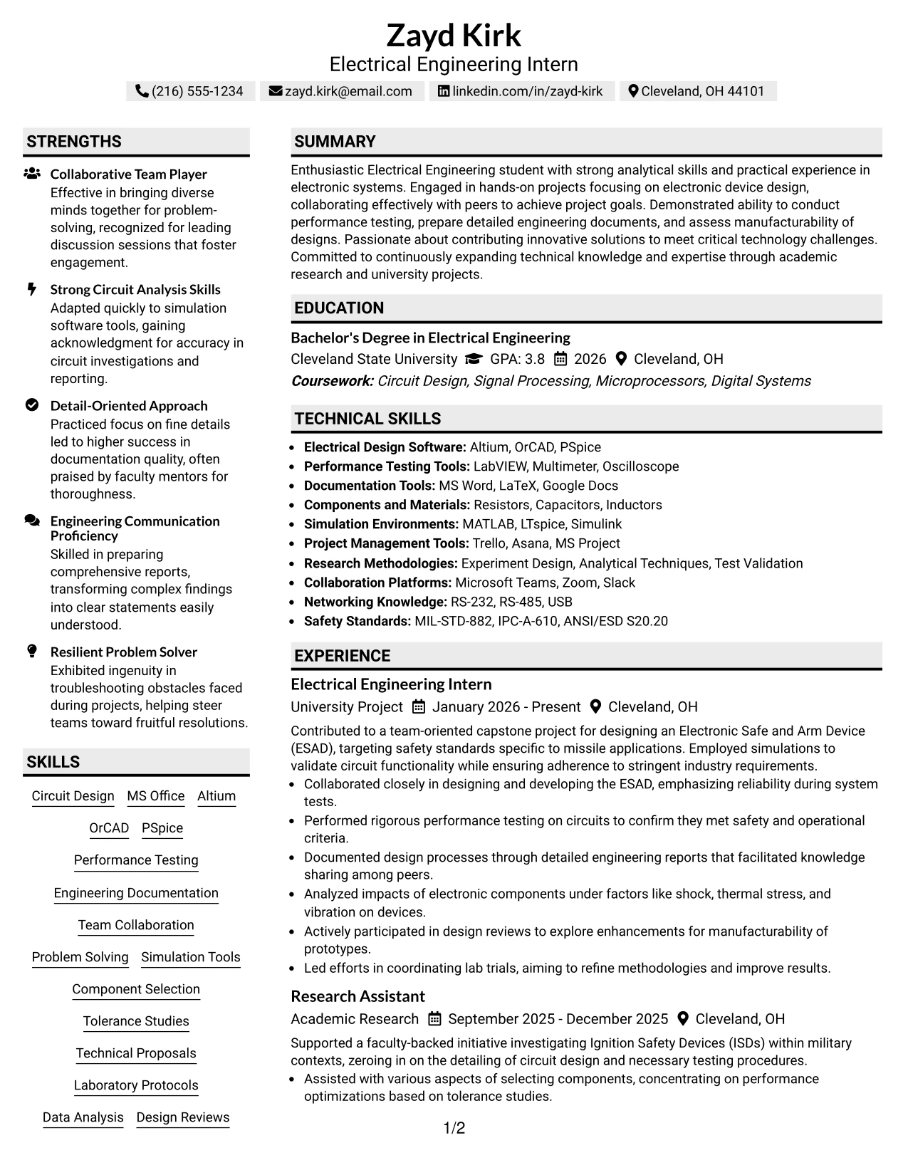 Resume Example Page 1