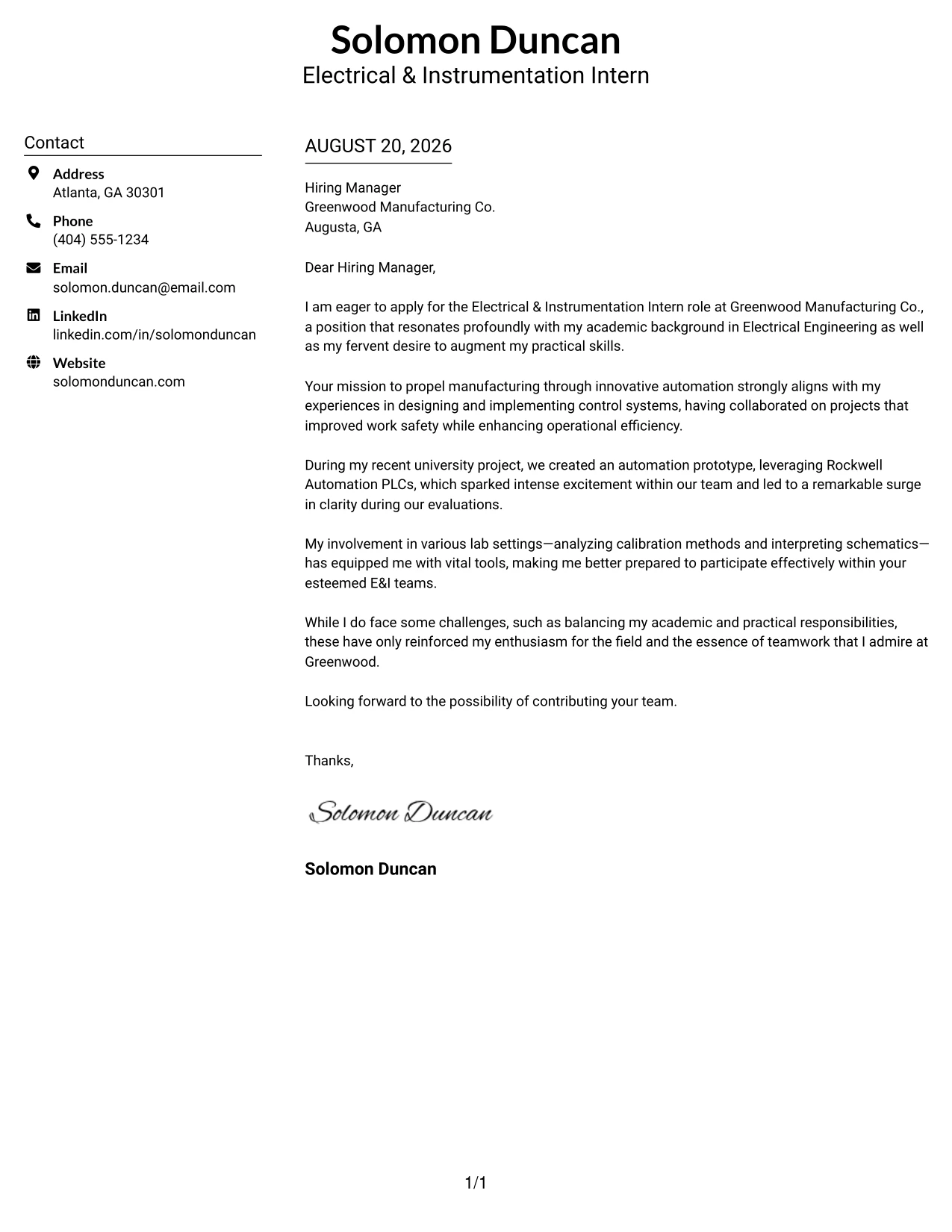 Resume Example Page 1
