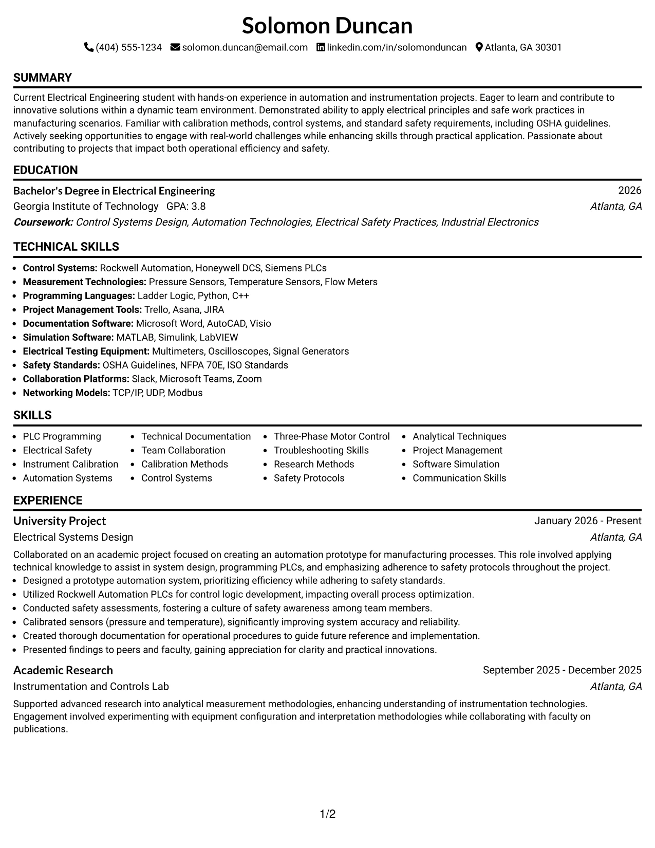 Resume Example Page 1