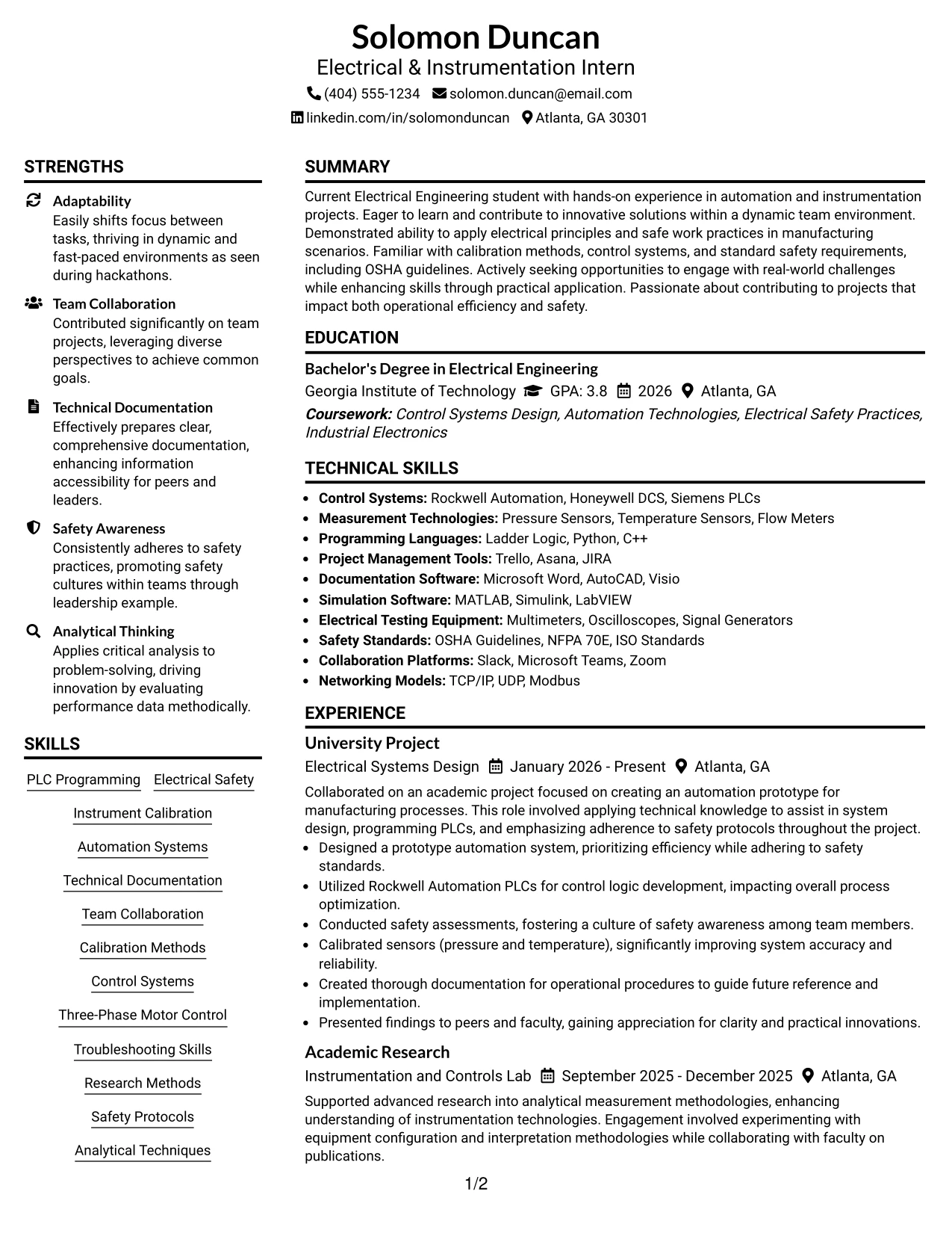 Resume Example Page 1