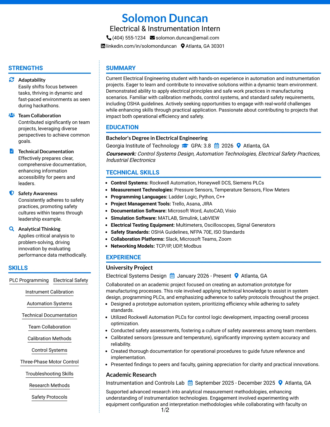Resume Example Page 1