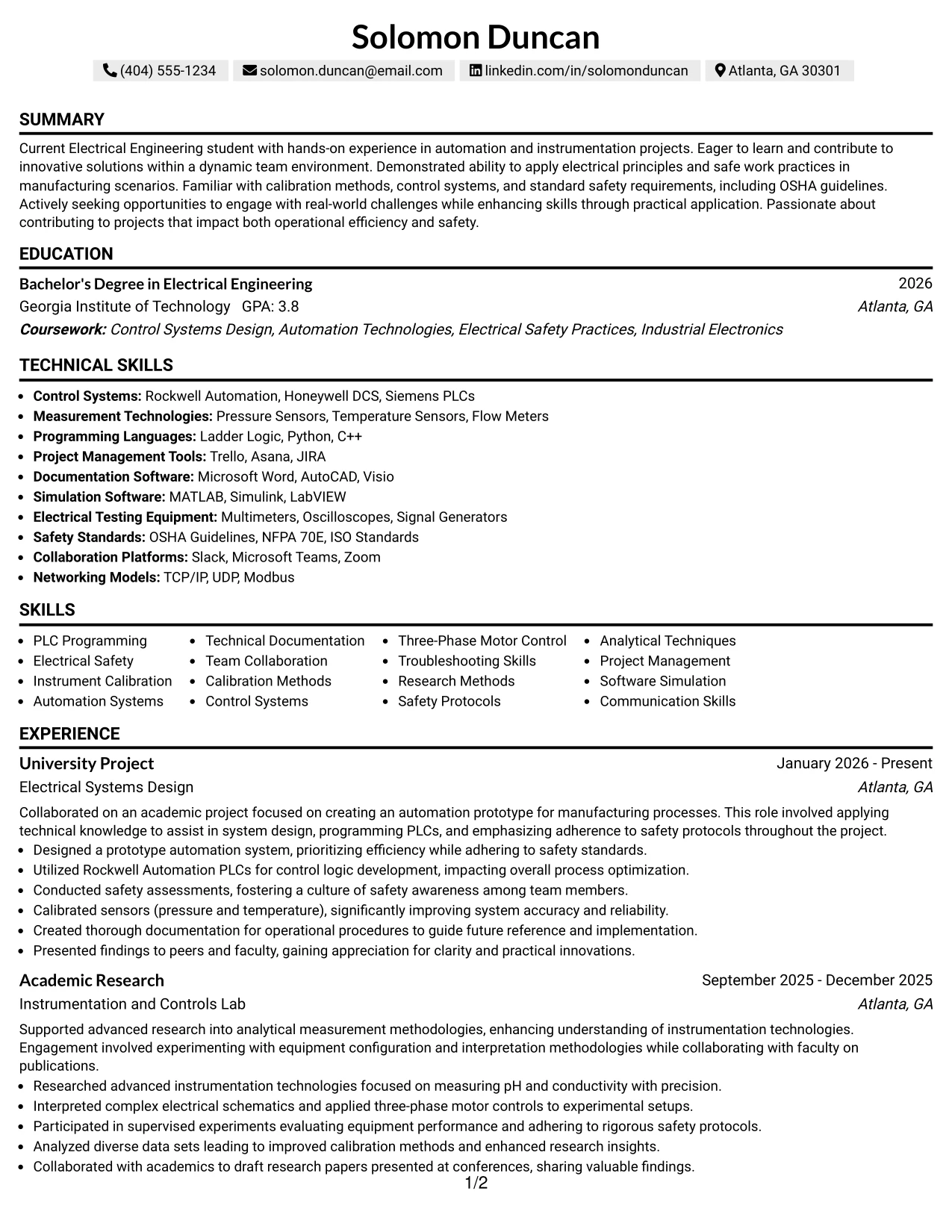Resume Example Page 1