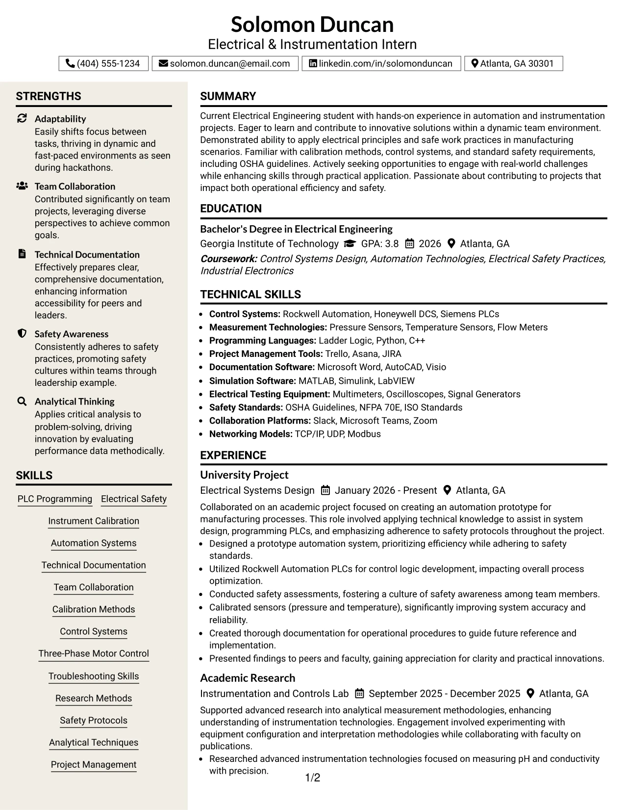 Resume Example Page 1