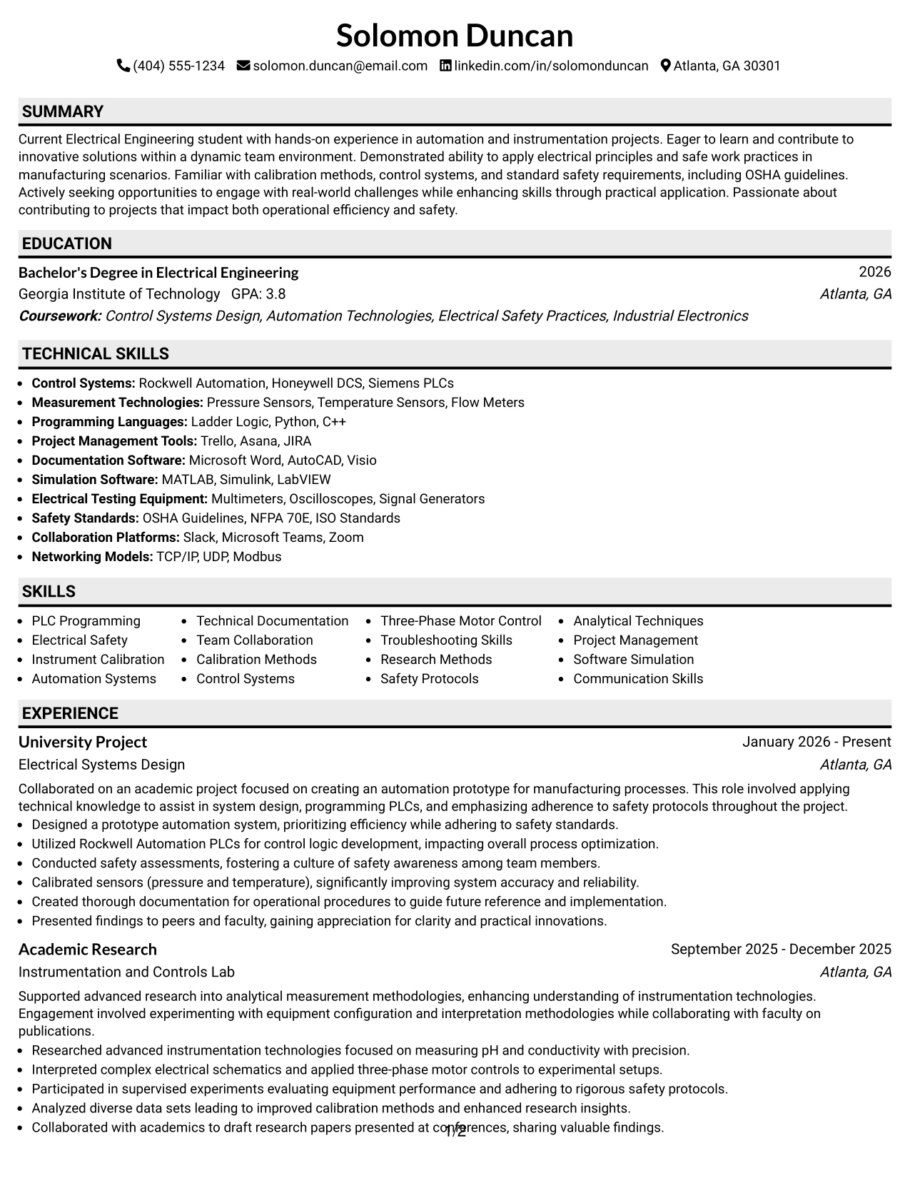 Resume Example Page 1