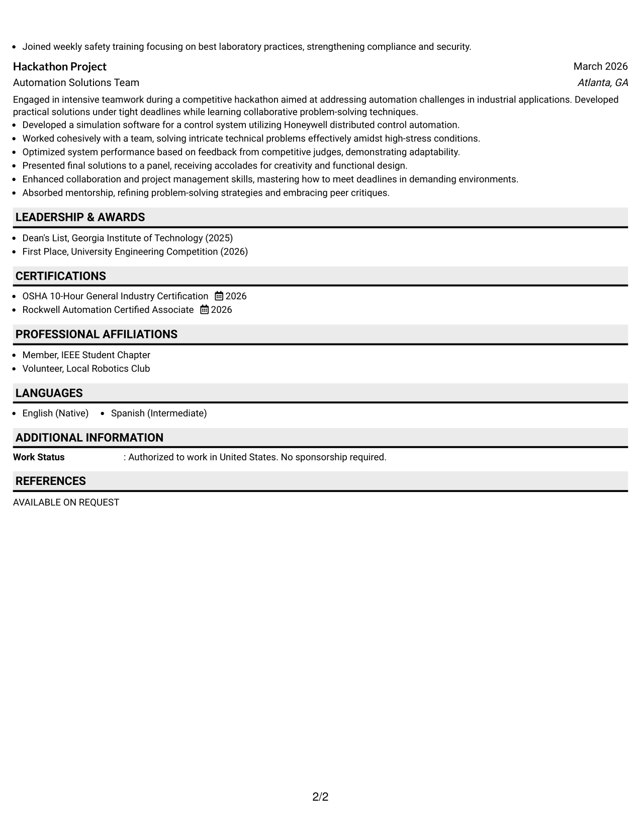 Resume Example Page 2