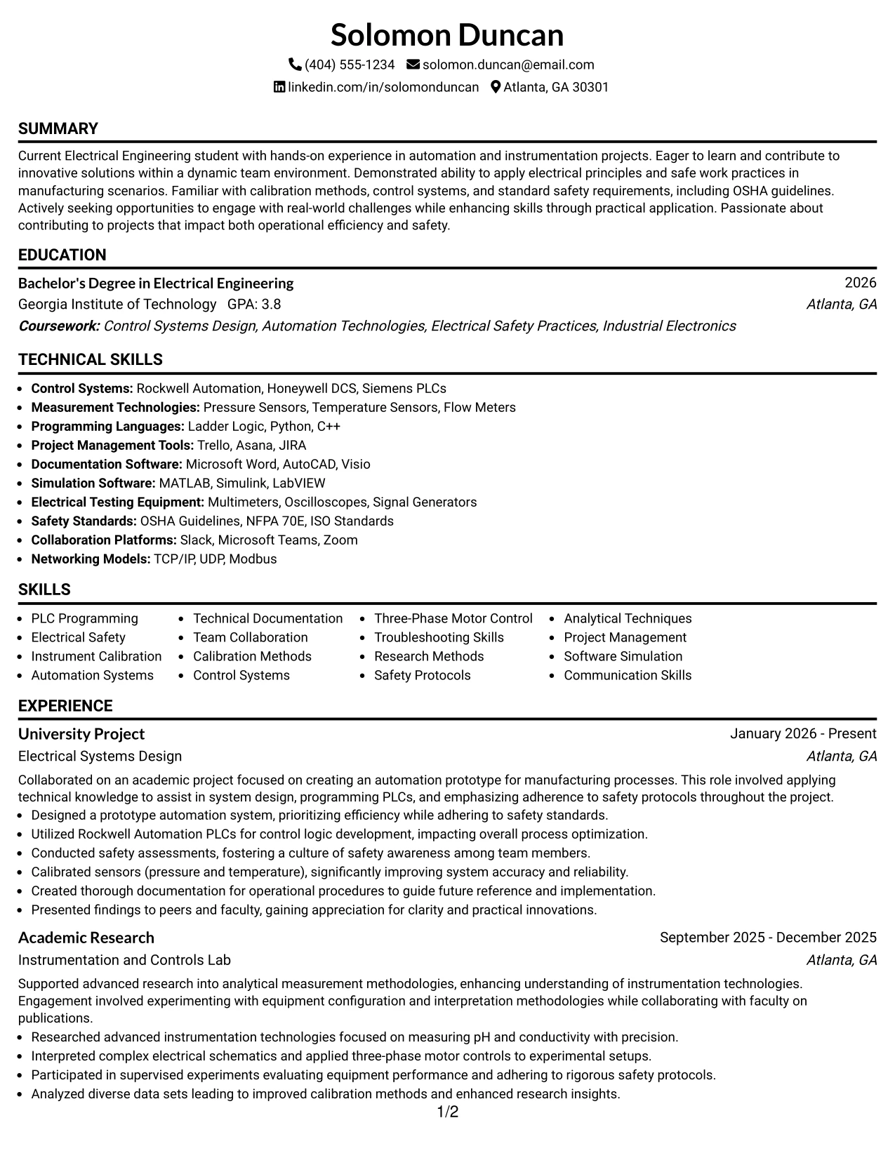 Resume Example Page 1