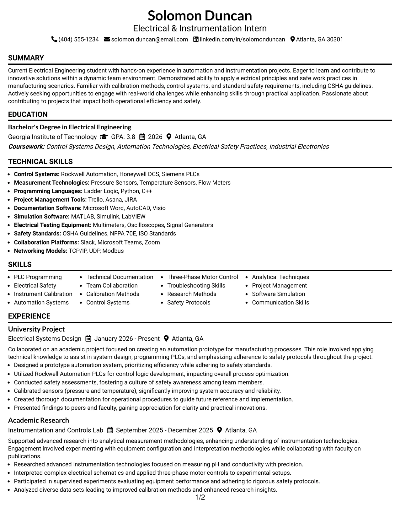 Resume Example Page 1