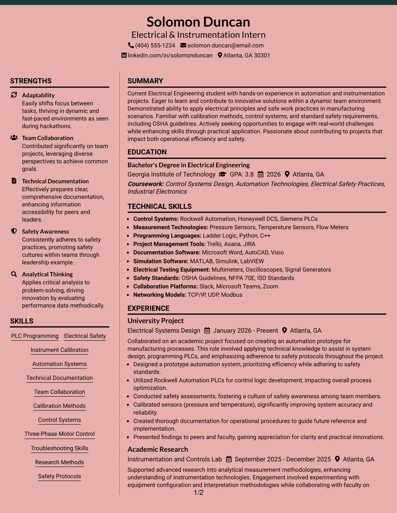 Resume Example Page 1