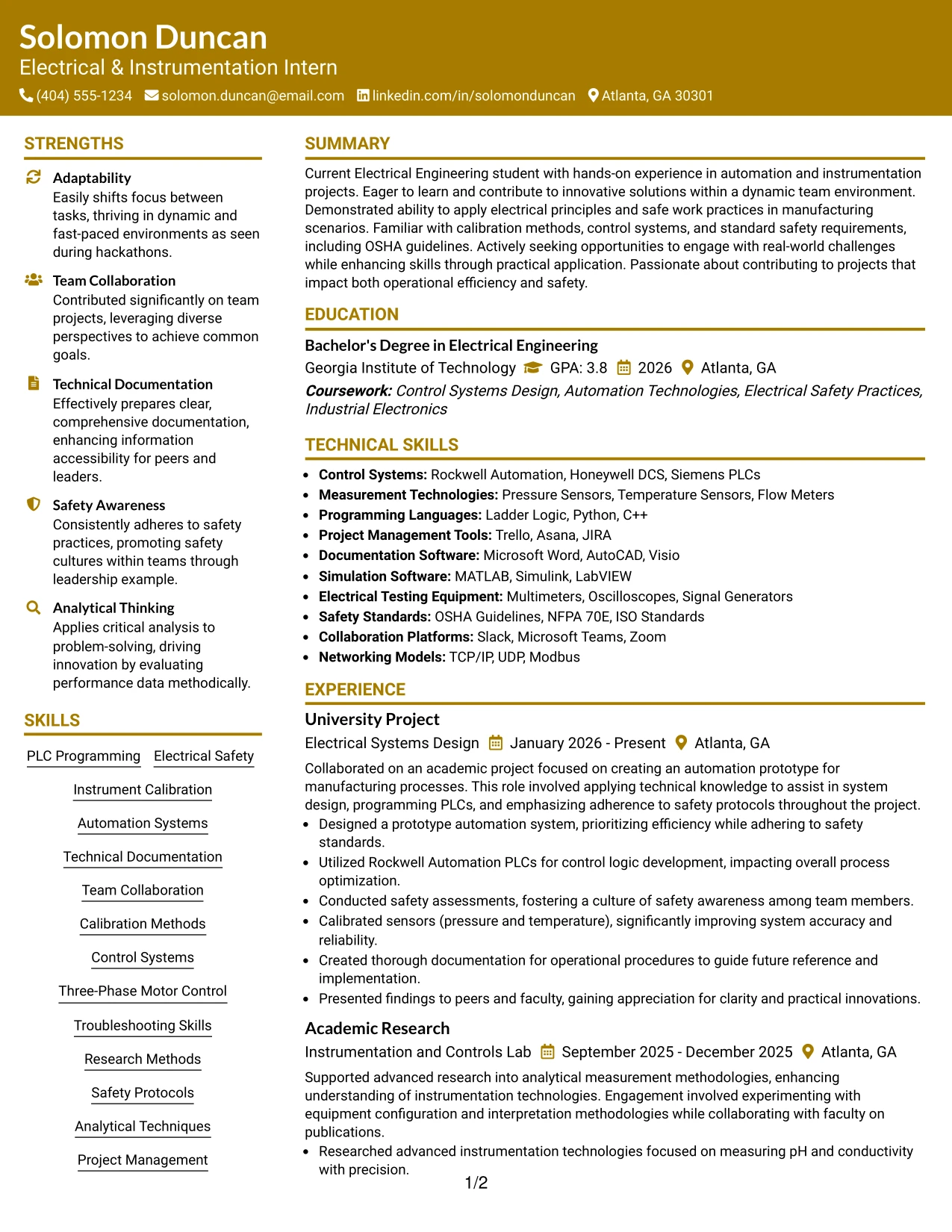 Resume Example Page 1