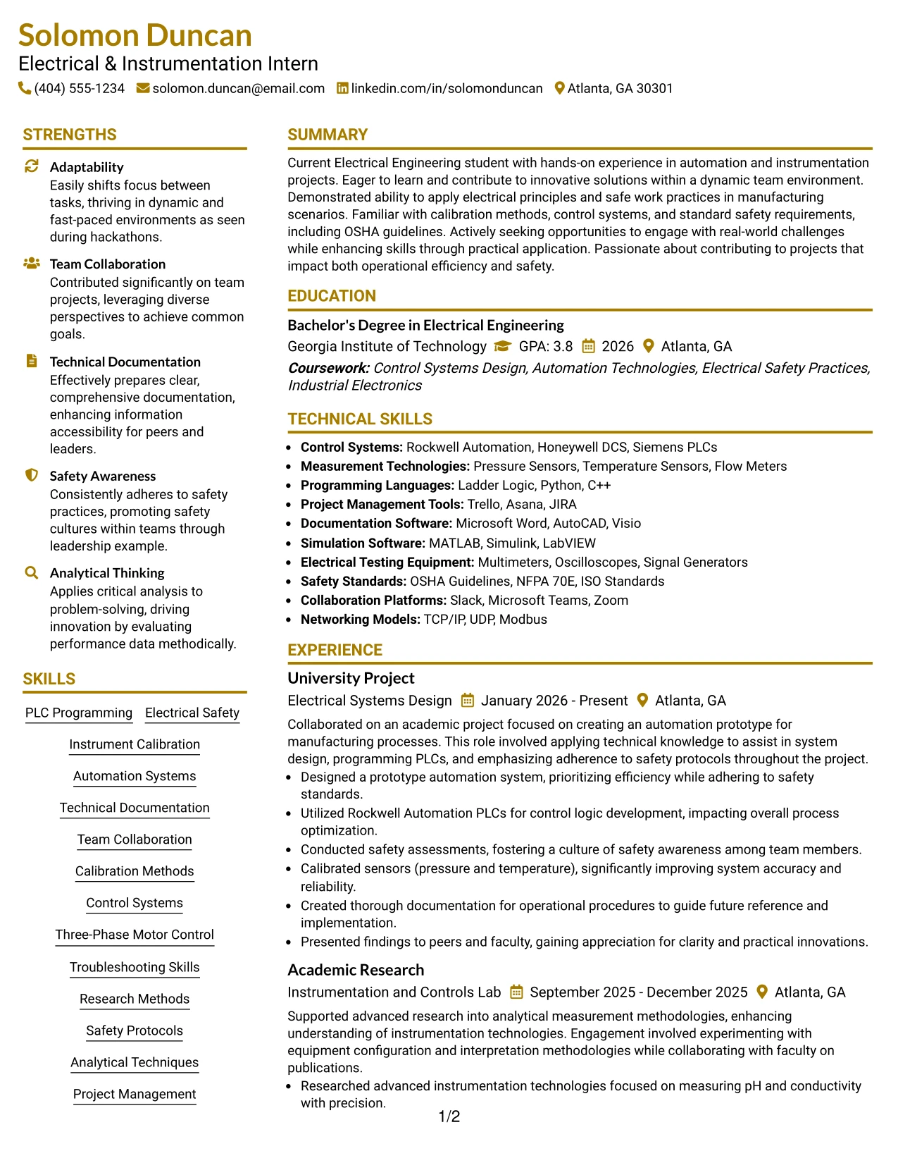 Resume Example Page 1