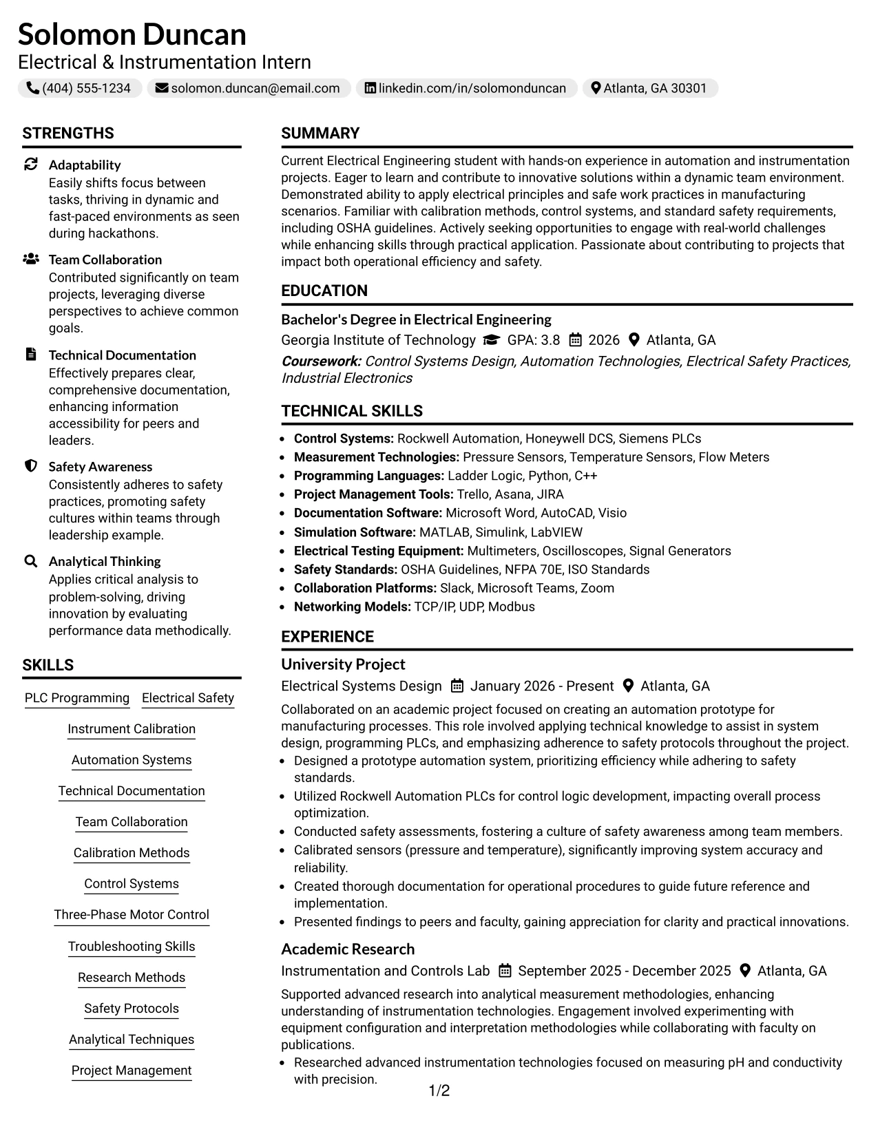 Resume Example Page 1