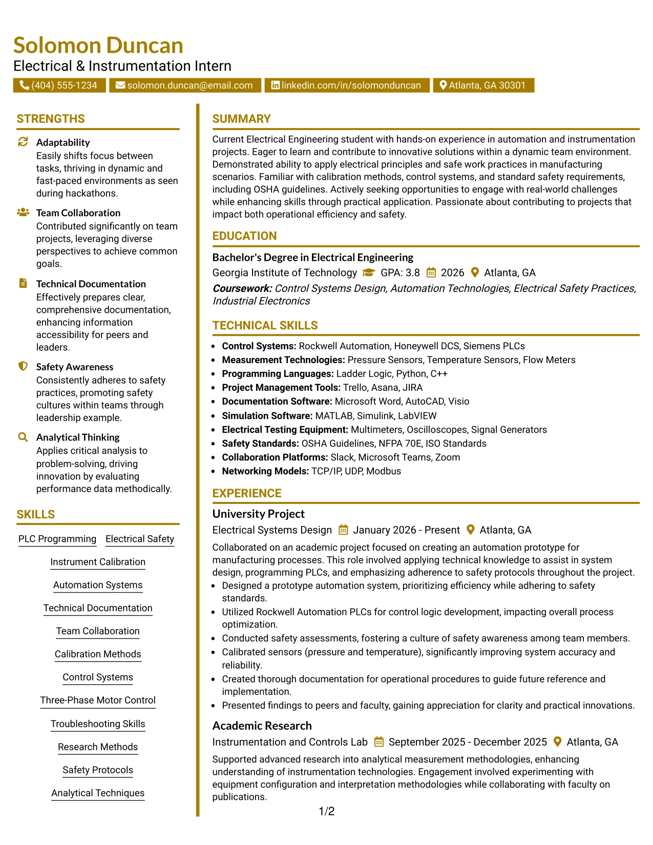 Resume Example Page 1